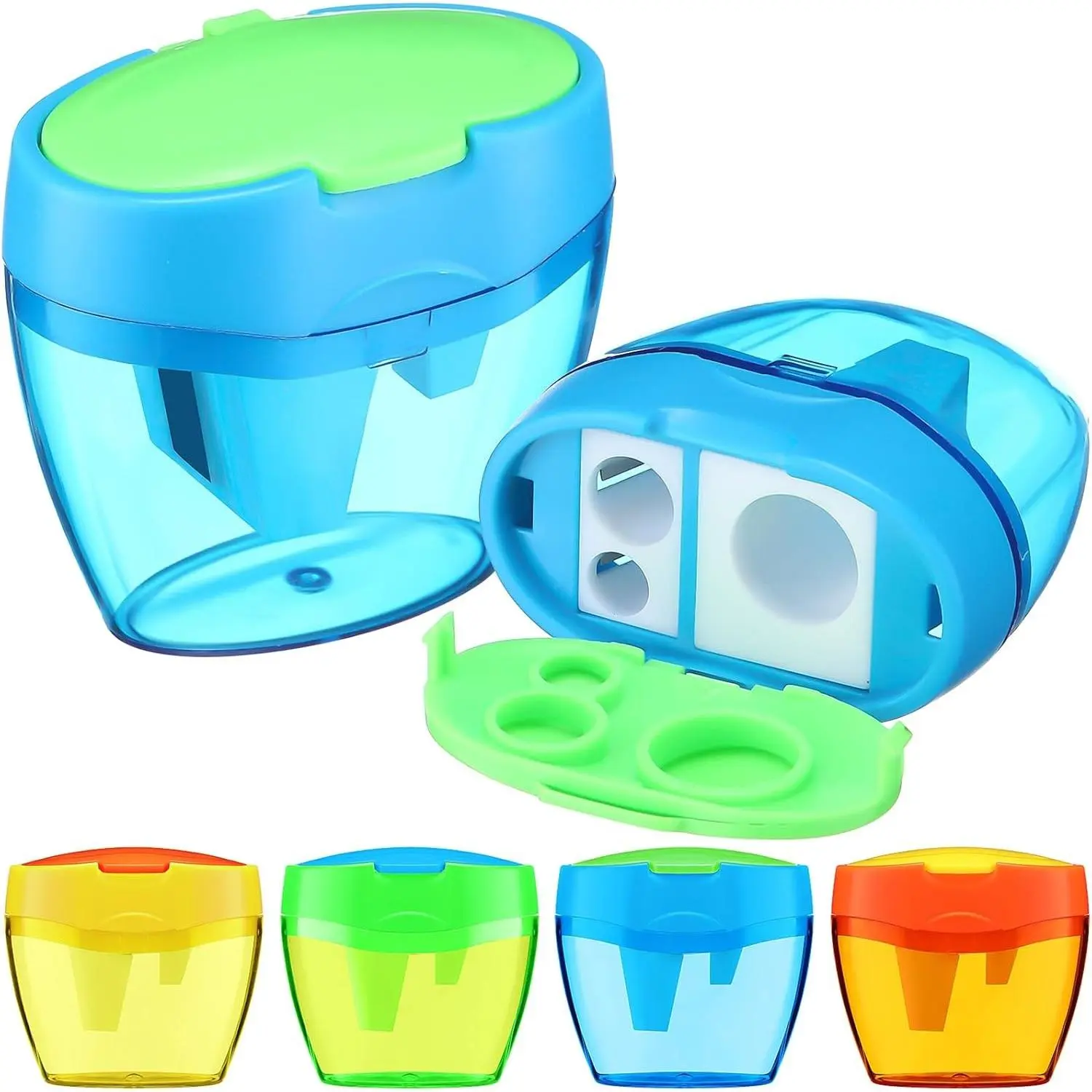 4 Pcs Pencil Sharpeners 3 Hole Jumbo Crayon Sharpeners Handheld Manual Portable Plastic Pencil Sharpener with Lid for Back to School Classroom Office Supplies Class