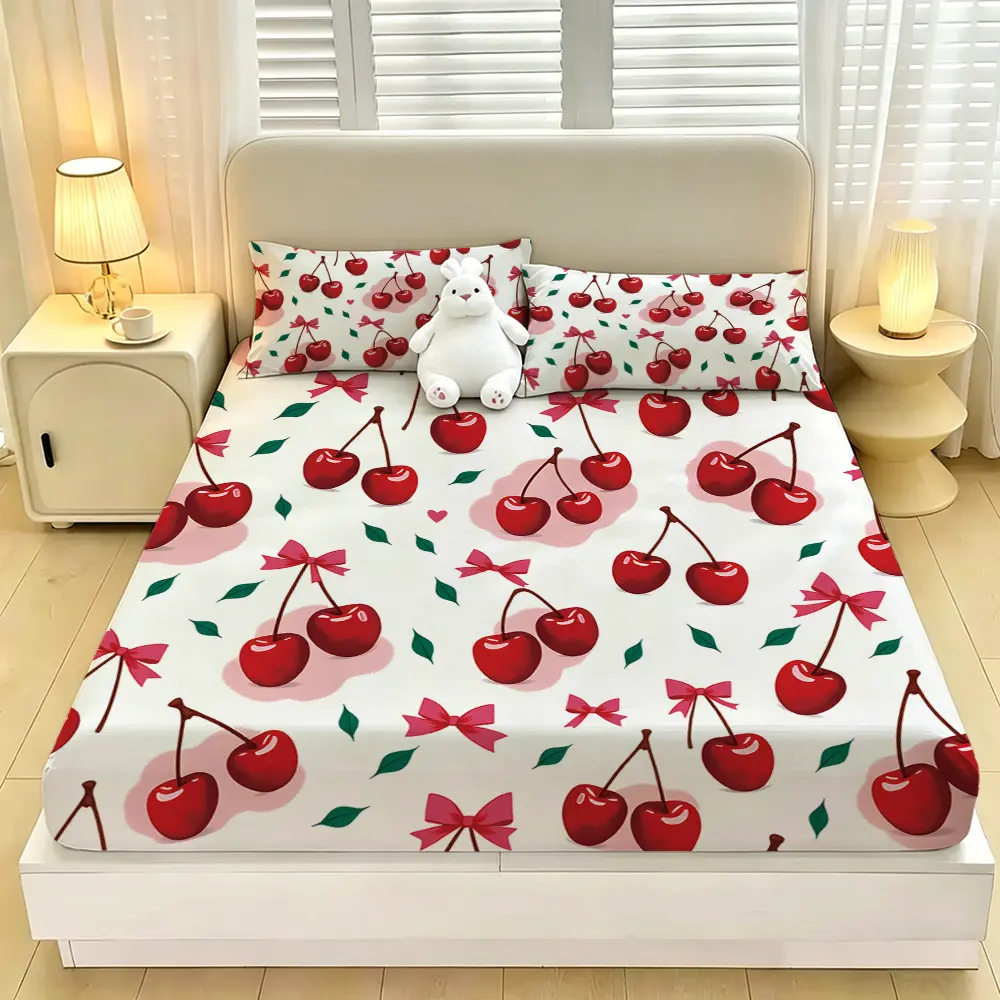 A 3-piece digital-printed Cozy Bedding Set featuring a cartoon cherry bow design, including 1 bedding cover and 2 pillowcases. The set is coreless, made of soft and comfortable bedding covers with a deep pocket design, and is suitable to be given as a g