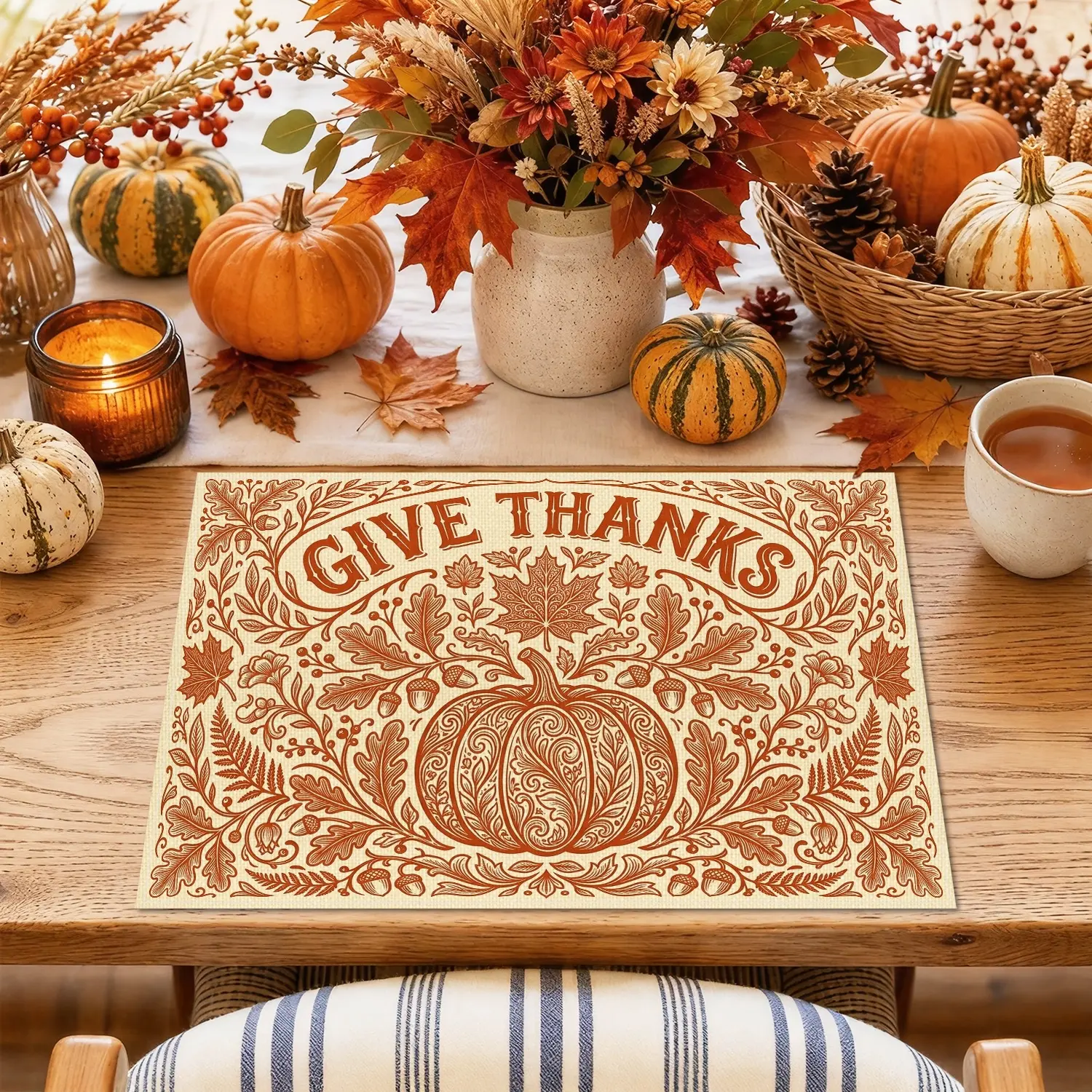 4/6pcs Pumpkin Maple Leaf & Acorn Placemats, Rustic Thanksgiving Style for Dining Table, Dining Room, Thanksgiving Dinner & Farmhouse Decor, Thanksgiving Gifts, Table Decoration