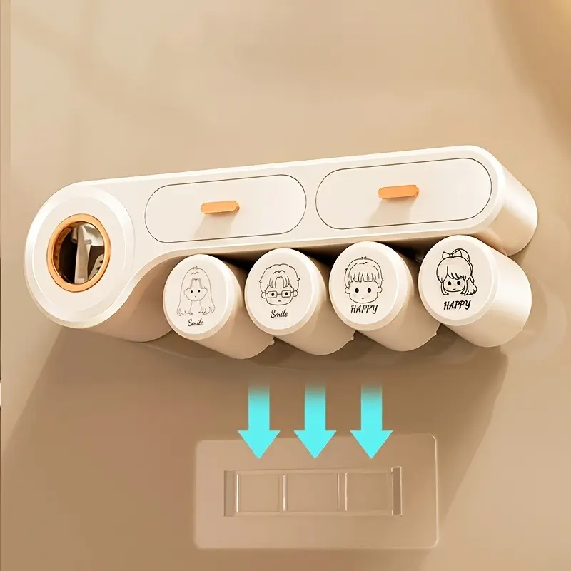 Wall Mount Toothbrush Holder with 2/3/4 Cup & Toothpaste Dispenser - Large Capacity Bathroom Storage Holder with Cosmetics Drawer, No Power Required