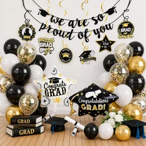 Graduation Balloons Set Class of 2026, Black and Gold Graduation Decorations We Are So Proud of You Banner Grad Cap Star Foil Latex Balloon and Hanging Swirls for Congrats Grad Balloons Party Decor
