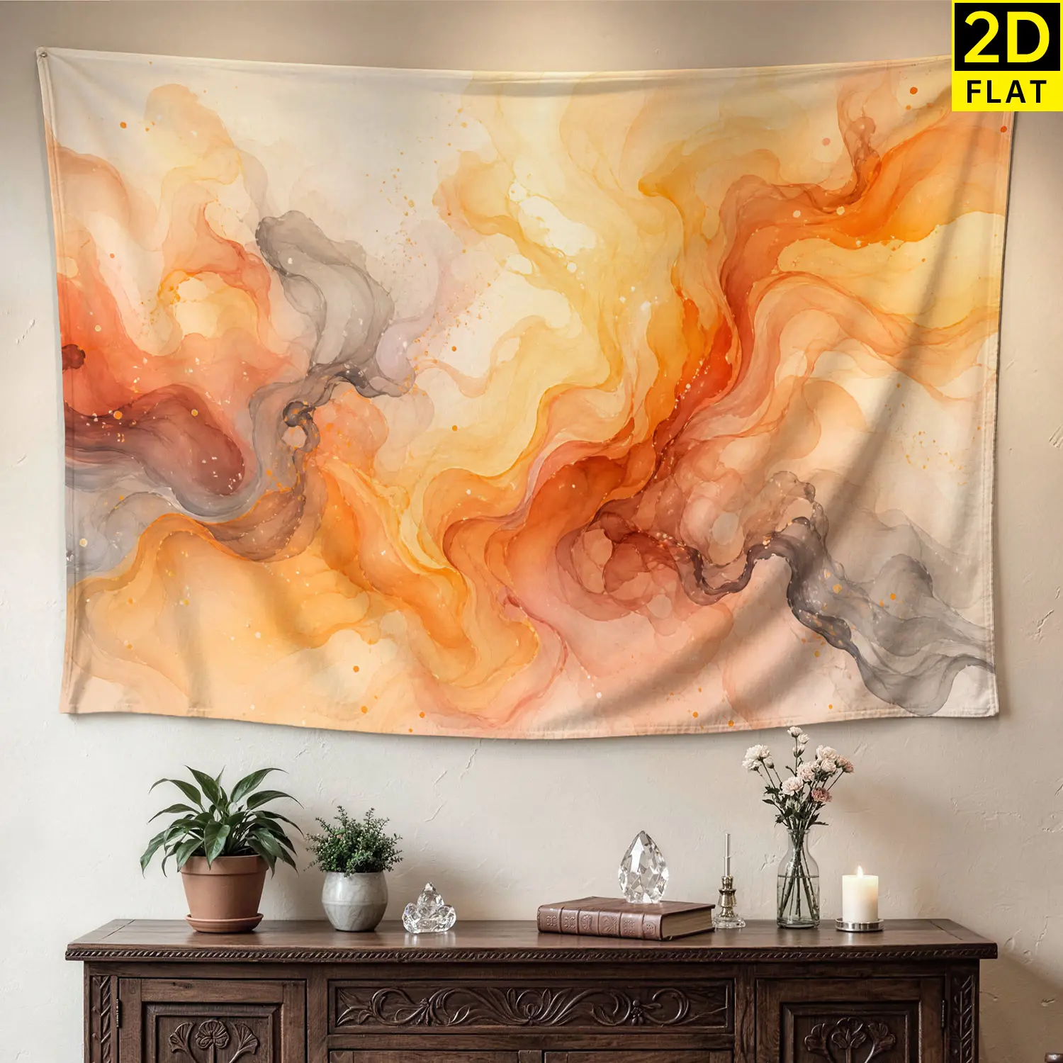 Abstract Orange And Grey Ink Wash Wall tapestry, Large size Printed Horizontal Tapestry blanket, Polyester Fabric Wall Hanging for living room, bedroom, No Installation Required, Indoor, Outdoor, Gift for Family and Friends