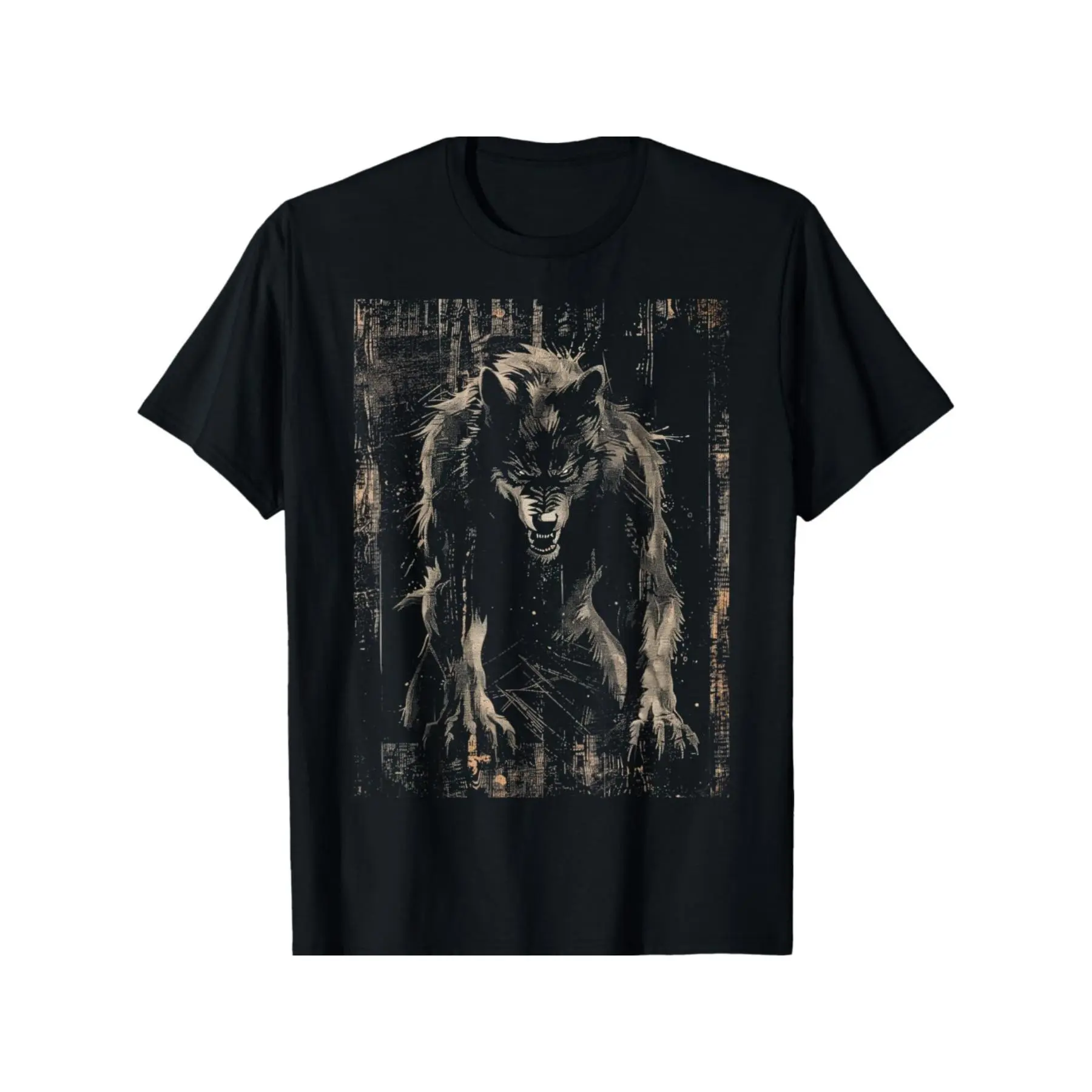 Men's Basic Chic Werewolf Howling Positioned Print Graphic T-Shirt - Moderate Stretch Cotton-Blend, Loose Fit Crew Neck Short Sleeve, Casual Streetwear, Festival Wear, Costumes