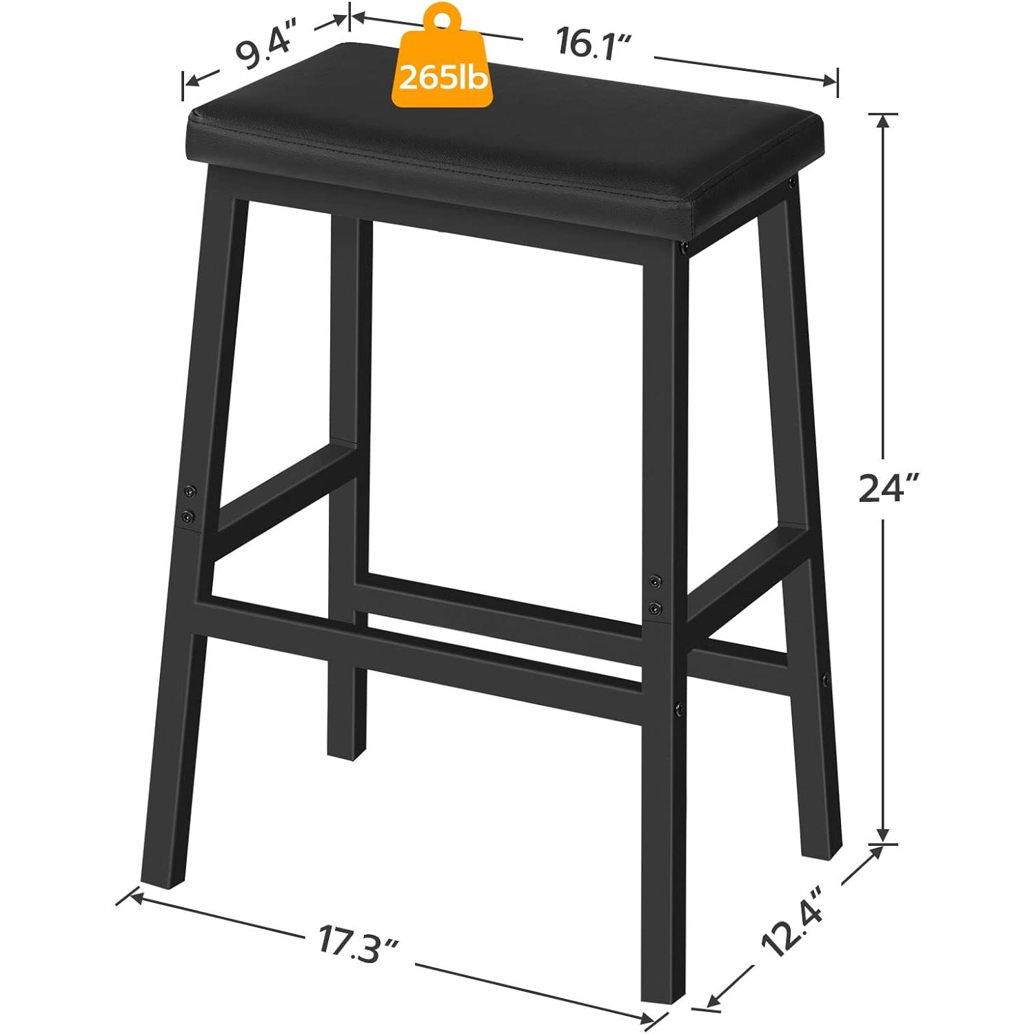 Bar Stools, 24" Set of 2 Bar Chairs, PU Leather Upholstered Breakfast Stools, Easy Assembly, Suitable for Kitchen, Bar, Dining Room, Black BB01MD01