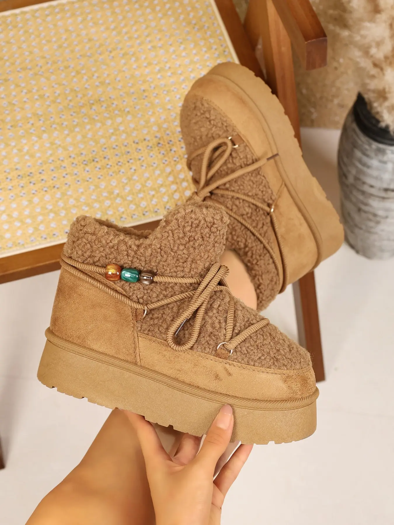 Women's Chunky Platform Winter Boots, Round-Toe Lace-Up Ankle Booties, Faux-Suede Fleece-Lined Snow Boots with Bohemian Bead Ornament
