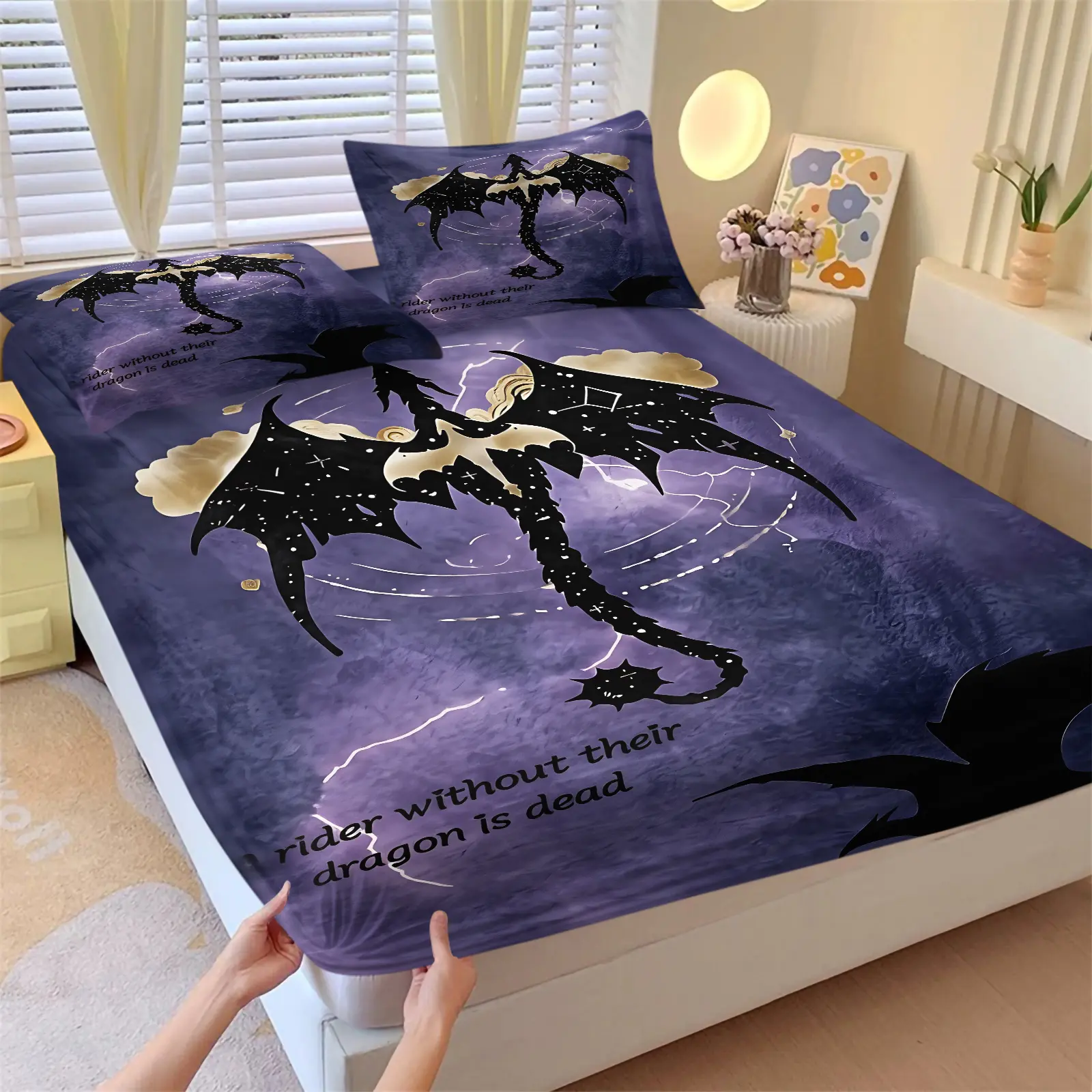 Fantasy Retro Dark Dragon Print Bed Fitted Sheet Set, 1 Bed Skirt and 2 Pillowcases, Base with Star Pattern, Non-Slip