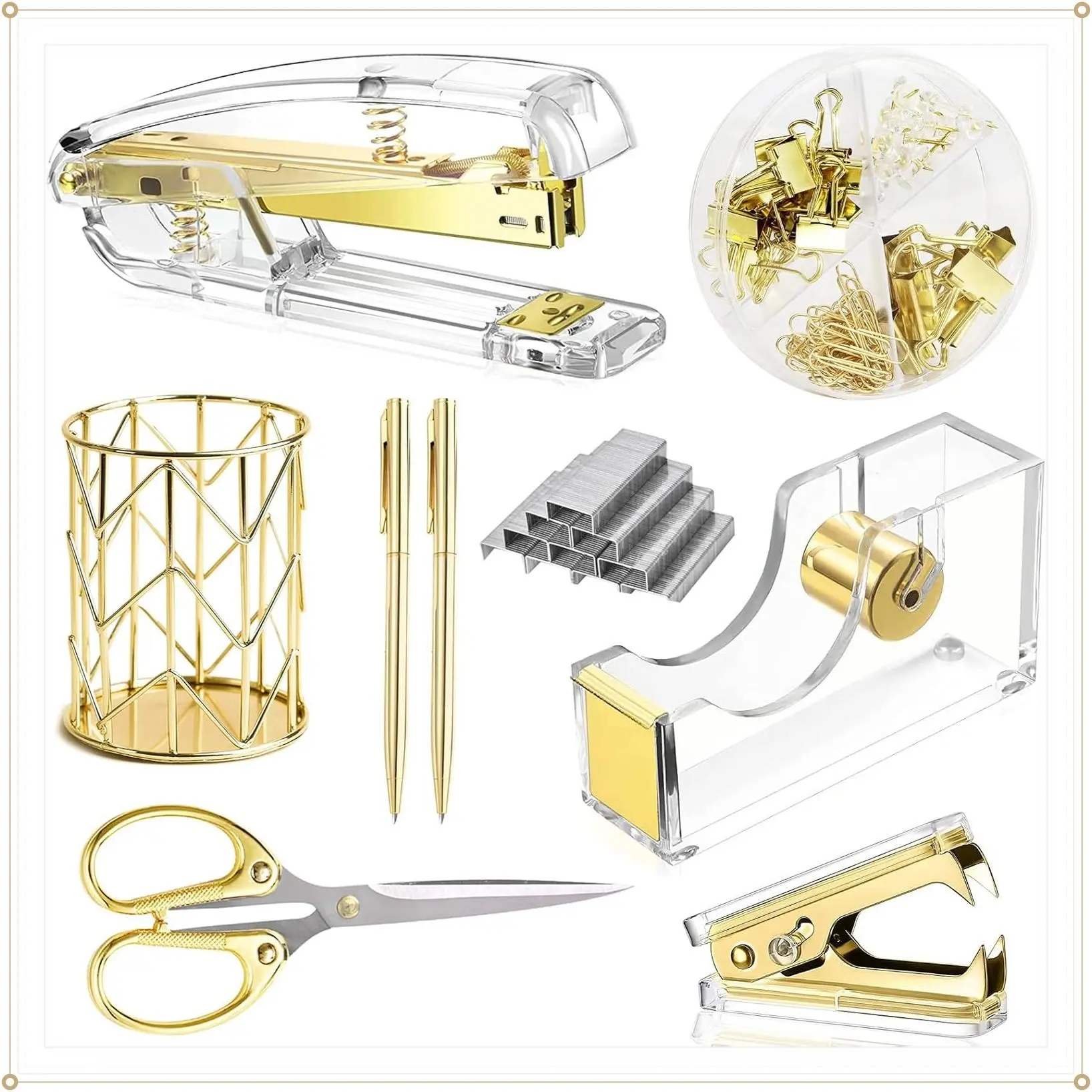Gold Desk Accessories Set, Acrylic Stapler with Staple Remover, Tape/Pen Holder, 2 Ballpoint Pens, Scissors, Binder/Paper Clips and 1000 StaplesGift