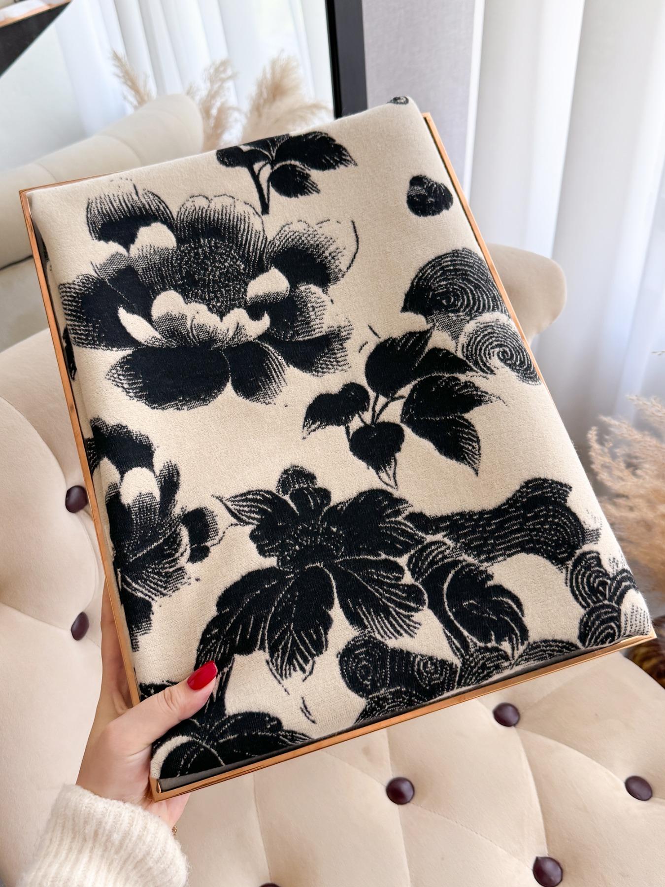 Women's Floral Pattern Raw Trim Shawl, Girlfriend Gifts, Imitation Cashmere Long Scarf, Casual Soft Warm Thick Double Sided Scarf for Fall & Winter, Fashion Accessories for Daily Wear