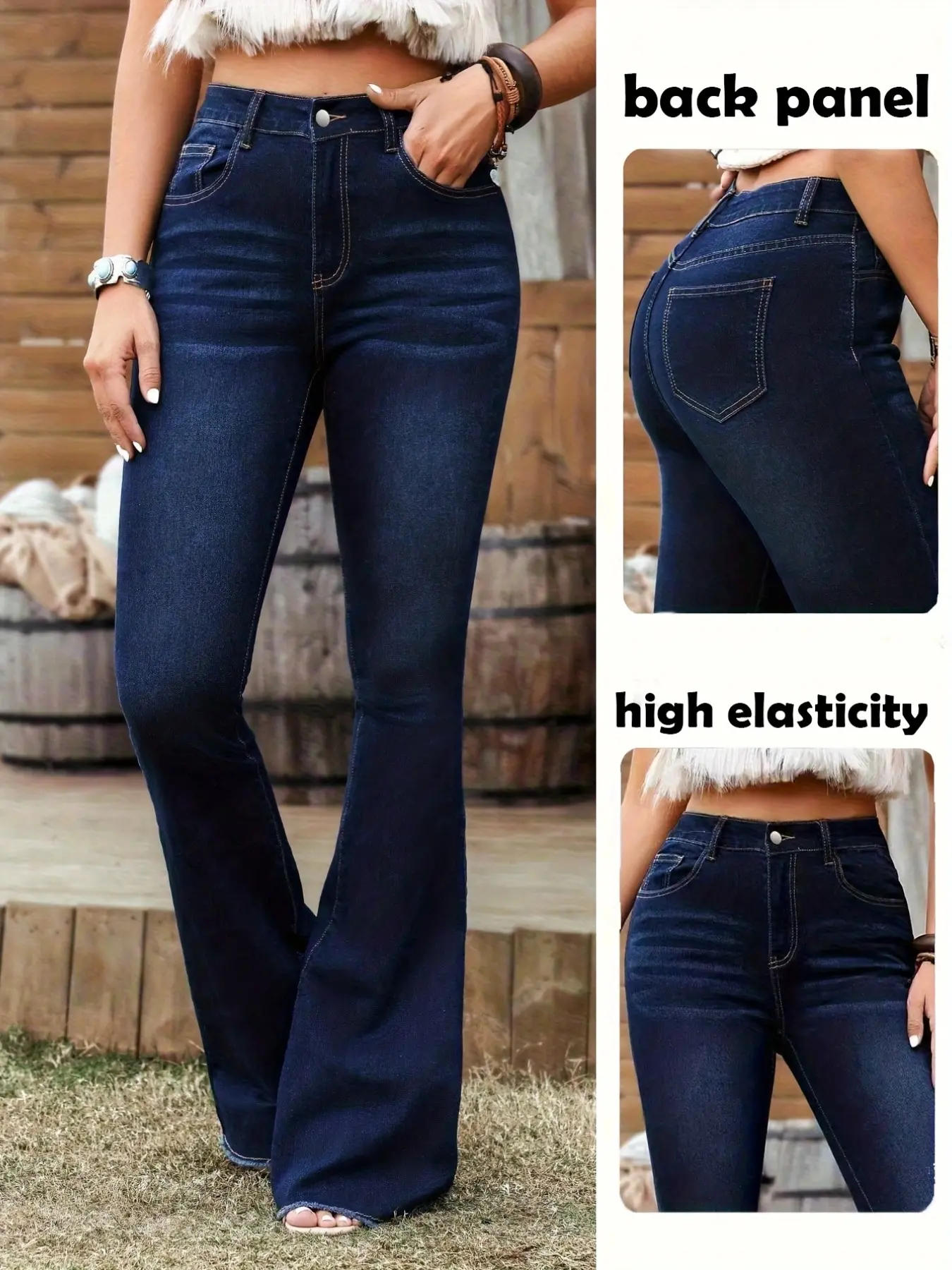 Fashionable Daily Wear Women's Frayed High Stretch Washed Denim Flare Pants, Versatile and Stylish, Perfect for Everyday, Casual Denim Pants