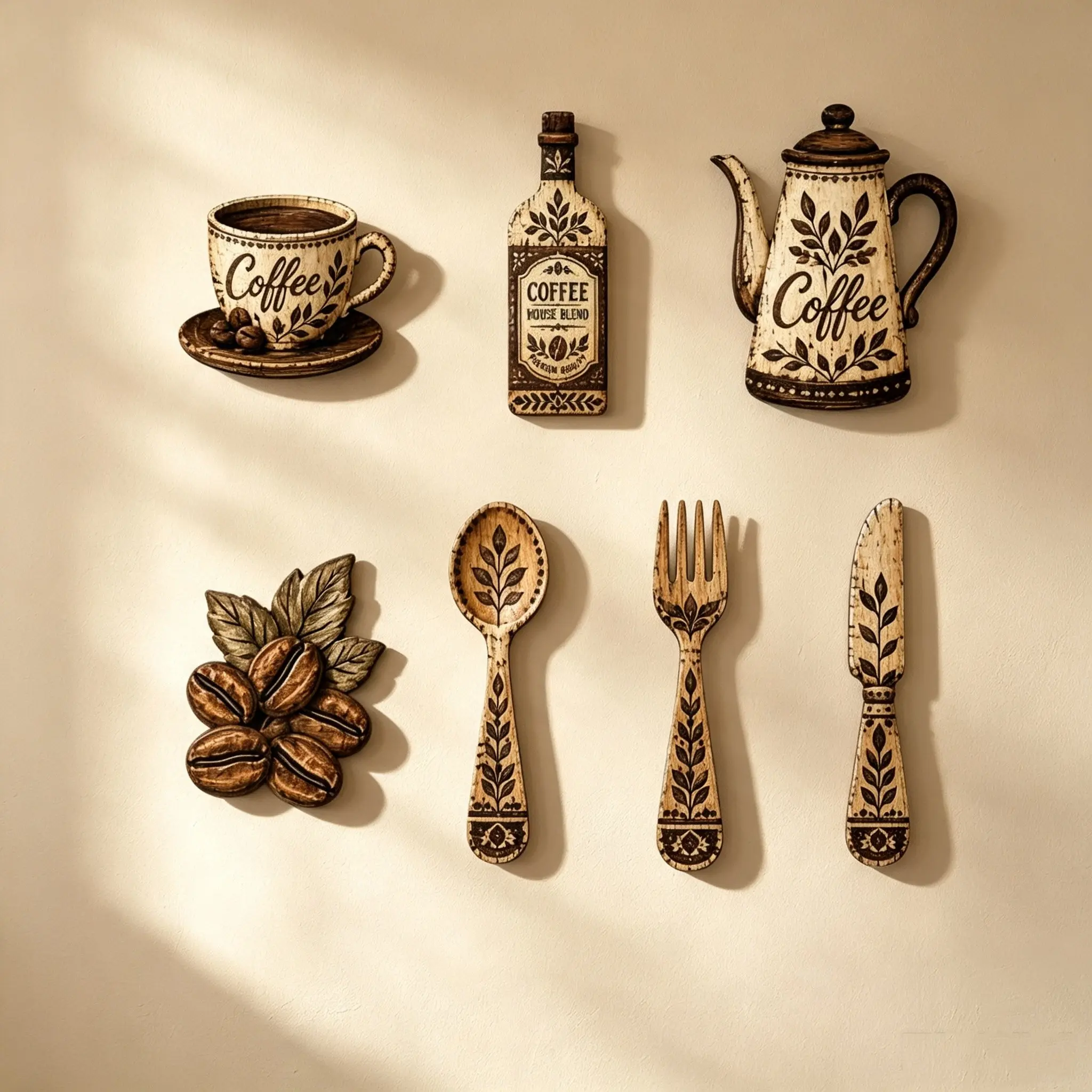 7 Pieces Coffee-Themed Wooden Kitchen Wall Decor, Vintage Country Style Wall Hangings Featuring Coffee Cups, Coffee Pots, Coffee Beans, Suitable for Kitchens and Cafés, Decorative Wall Art, Decoration Items