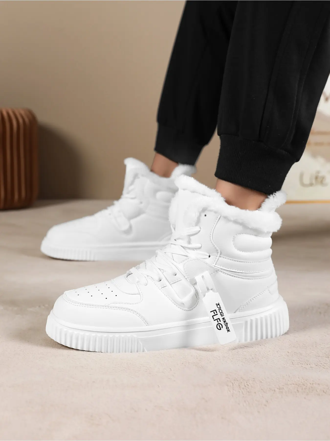 Men's Winter Fleece Lined High-top White Sneakers, Fluffy Lined Snow Boots, Platform Elevator Warm Cotton Shoes, Trendy Casual Skate Shoes, Outdoor Thermal Men's Footwear