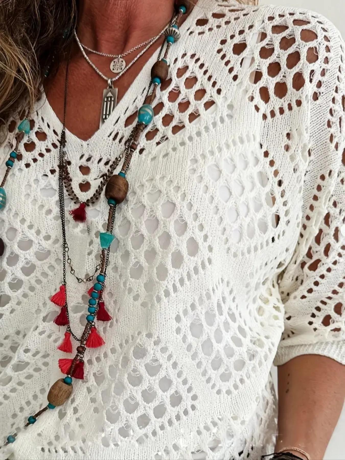 Plus Size Solid Hollow Out Drop Shoulder Knit Top, Casual V Neck Three Quarter Length Sleeve V Neck Knitwear for Summer, Women's Plus Clothing for Daily Wear