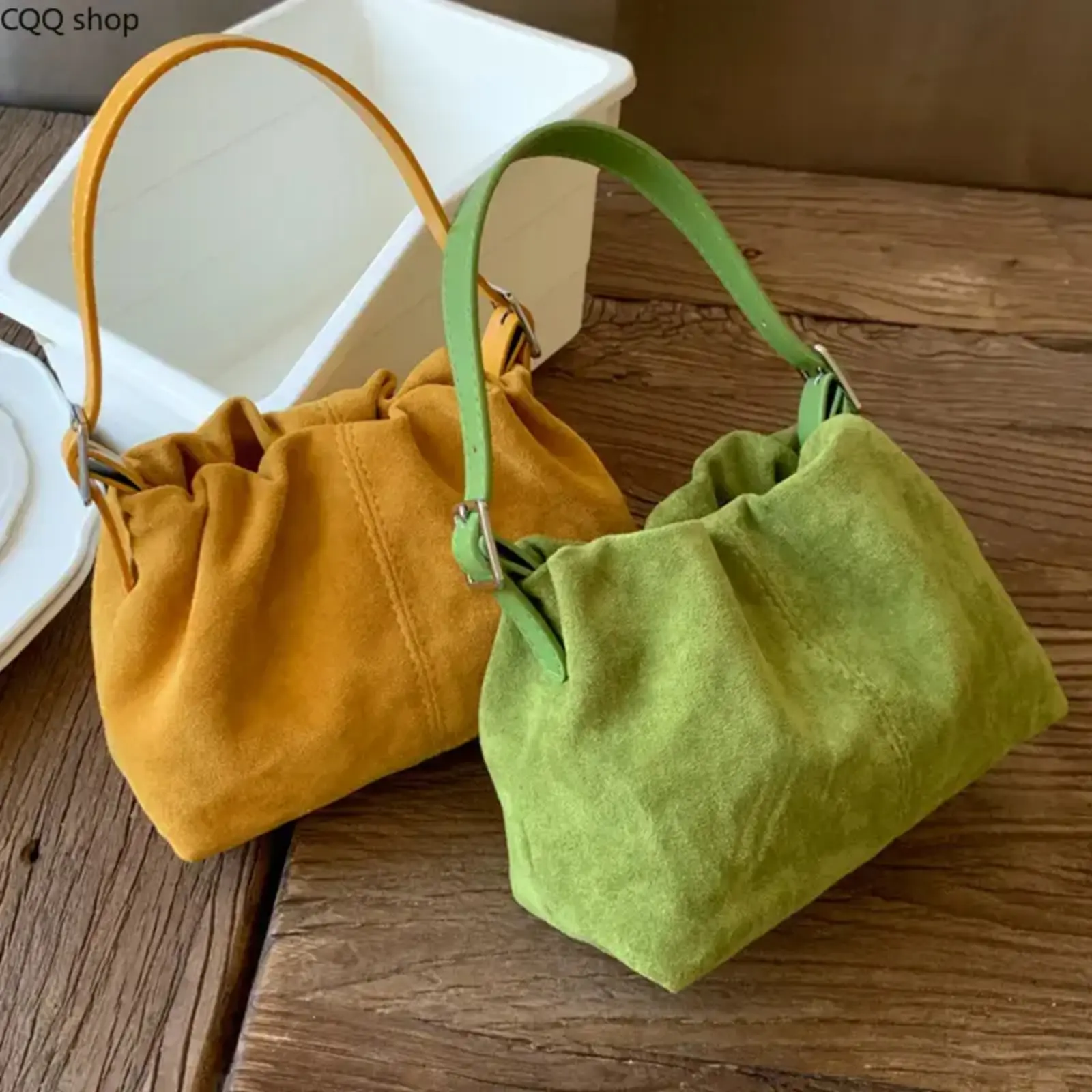 Vintage Faux Suede Drawstring Bucket Bag for Women, Korean Minimalist Mini Handbag, Adjustable Strap Crossbody Shoulder Bag, Lightweight Casual Daily Small Purse for Shopping Streetwear