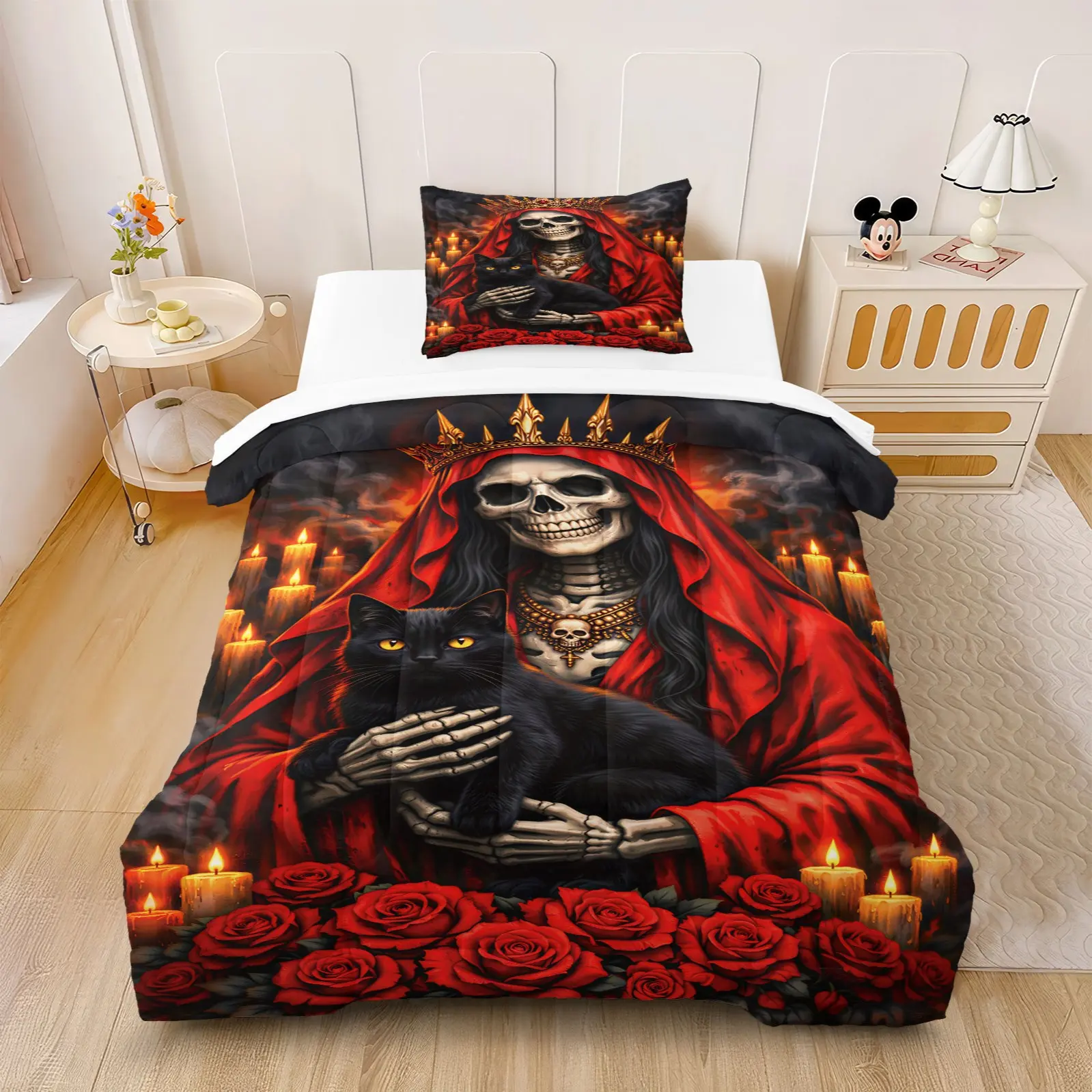 2/3Pcs Dark Halloween Comforter Set, Sombrero Guitar Skeleton Rose Black Cat Crown All Over Print, Soft Breathable Holiday Quilt With Filling No Pillow Insert