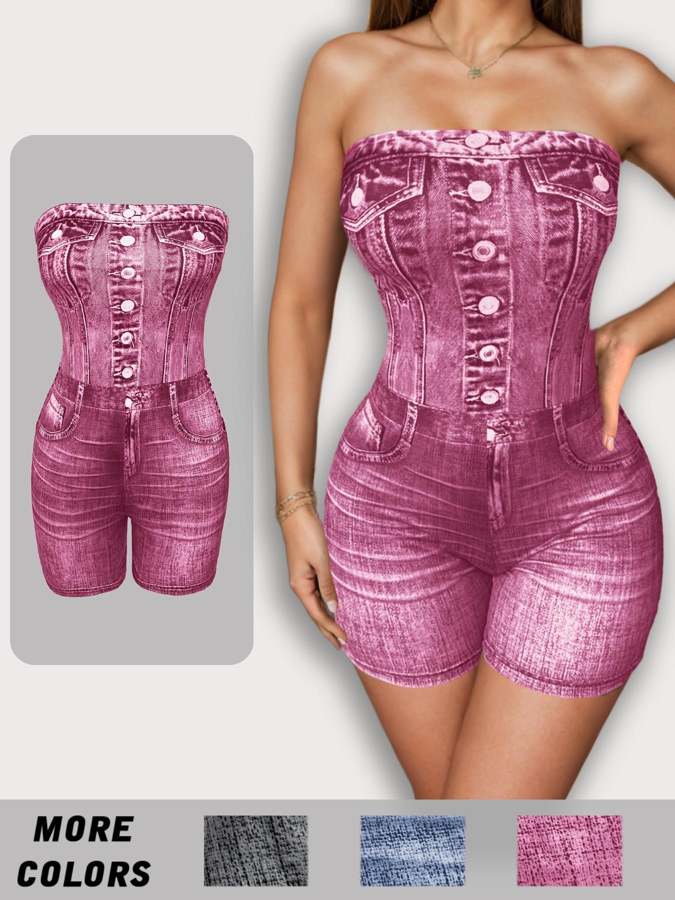 Women's Denim-effect Print Tube Romper, Casual Strapless Skinny Romper for Daily Outdoor Wear, Ladies Clothes for Summer