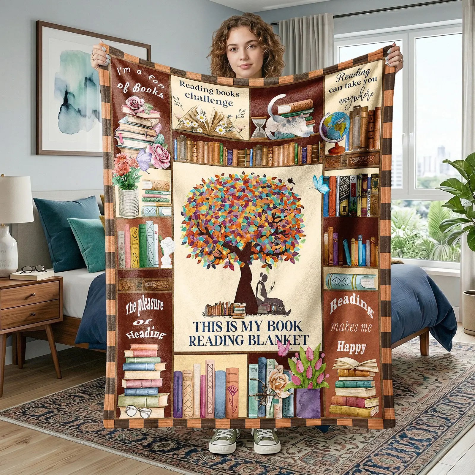 1pc Reading Books Flannel Blanket, Library Bookshelf Tree Fleece Throw with Reading Girl, Cat, Flowers, Globe and Book Collection Design, Soft Cozy Blanket for Sofa Bed Couch Office Reading Nook Camping Travel, Christmas Teacher's Day Gift