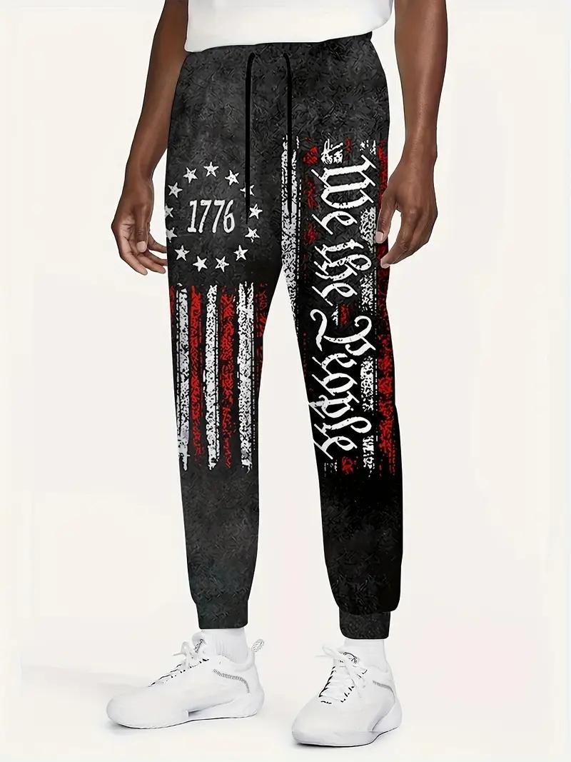Men's patriotic 1776 flag and Declaration of Independence printed running pants - casual sports ankle pants with drawstring, machine washable polyester fiber, perfect for celebrating