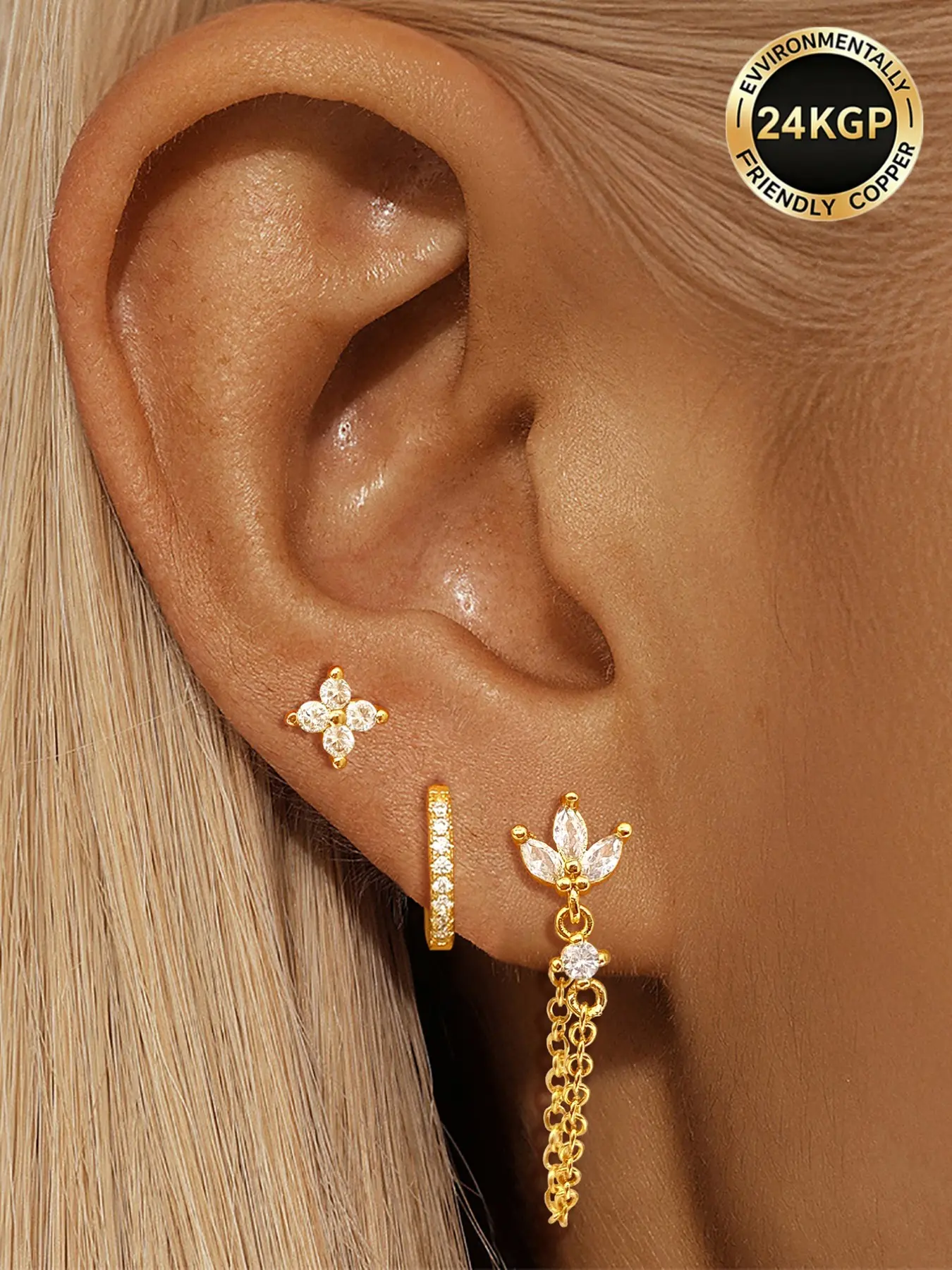 3Pcs Classic 24K Gold Plated Cubic Zirconia Flower Stud Earrings Set For Women Zircon Hoop Earrings Pack Drop Dangle Earrings Stack