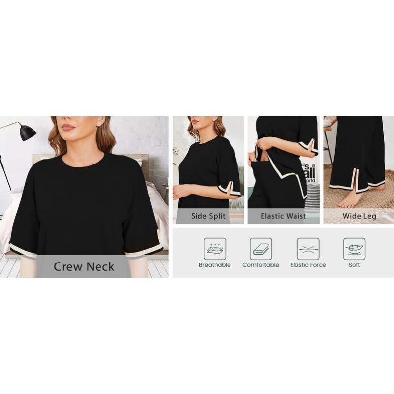 Sweater Sets Women 2 Piece Lounge Sets Short Sleeve Knit Pullover Tops Wide Leg Pants
