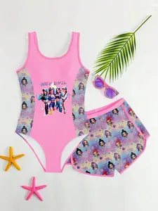 Girls' Cartoon Swimsuit Set, Gradient Cartoon Print Two-Piece Swimwear, Summer Swimming, Water Play Party Photo Set, Bathing Suit Set