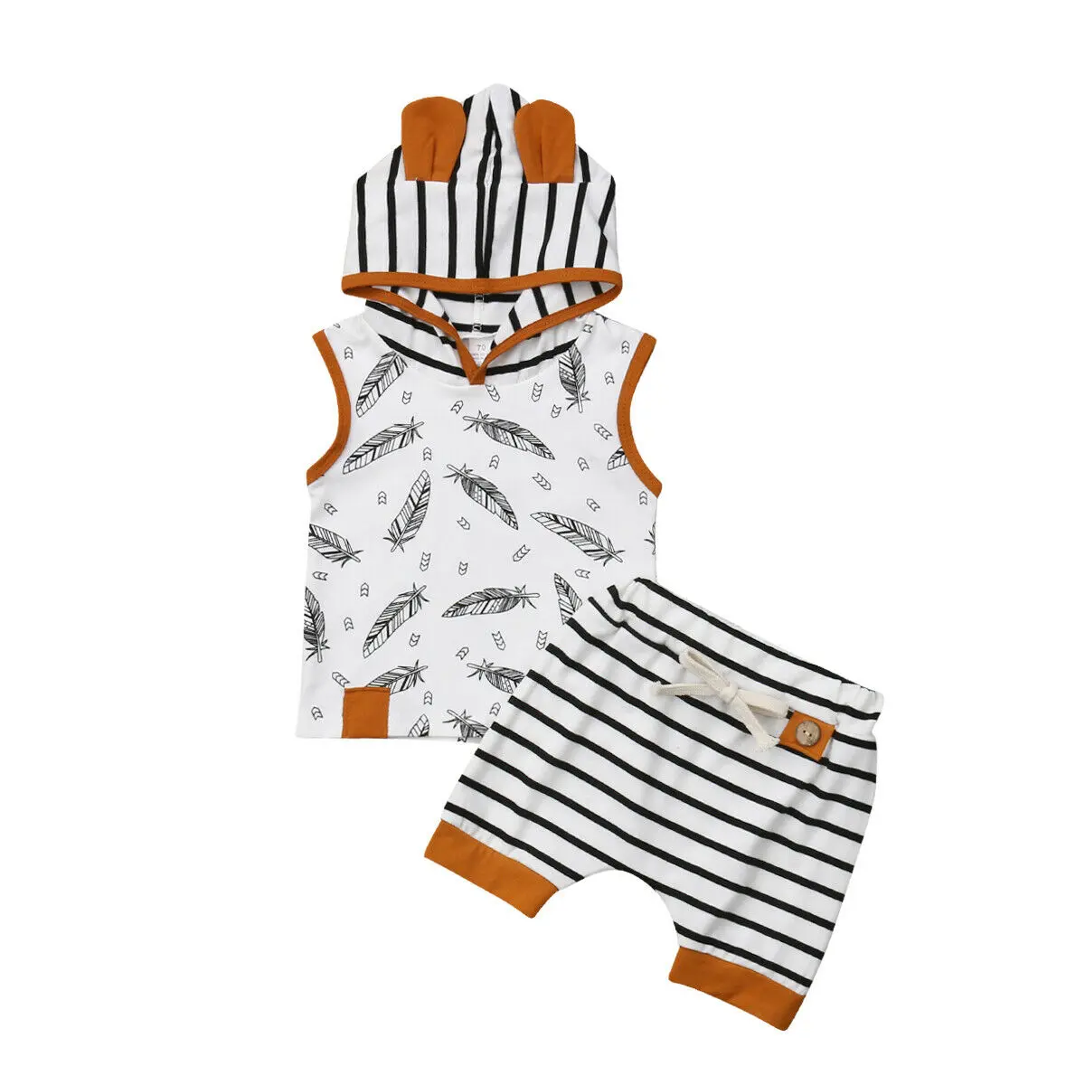 Canrulo Toddler Baby Boy Girl 2Pcs Summer Clothes Set Sleeveless Feather Printed Hooded with Ears Tank Top and Elastic Waist Striped Shorts Infant Casual Outfits