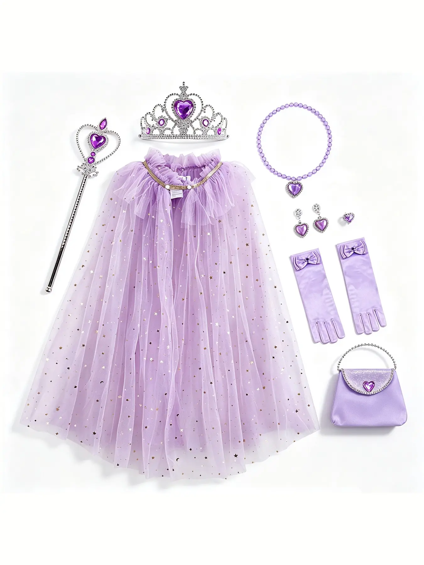 Girls Princess Cape Costume Set, Purple Star Glitter Tulle Cloak with Crown Wand Jewelry Gloves Purse, Complete Dress‑up Kit for Birthday Party, Halloween, Book Week Cosplay, Holiday Dress‑Up Play, 8-Piece Set, Age 3-12