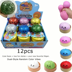 12PCS Cute Face Two styles flash and solid color Dumpling Squishies, Sensory Stress Relief Toys with Steamer, Random Color Desk Toys for Party Favors & Birthday Gifts