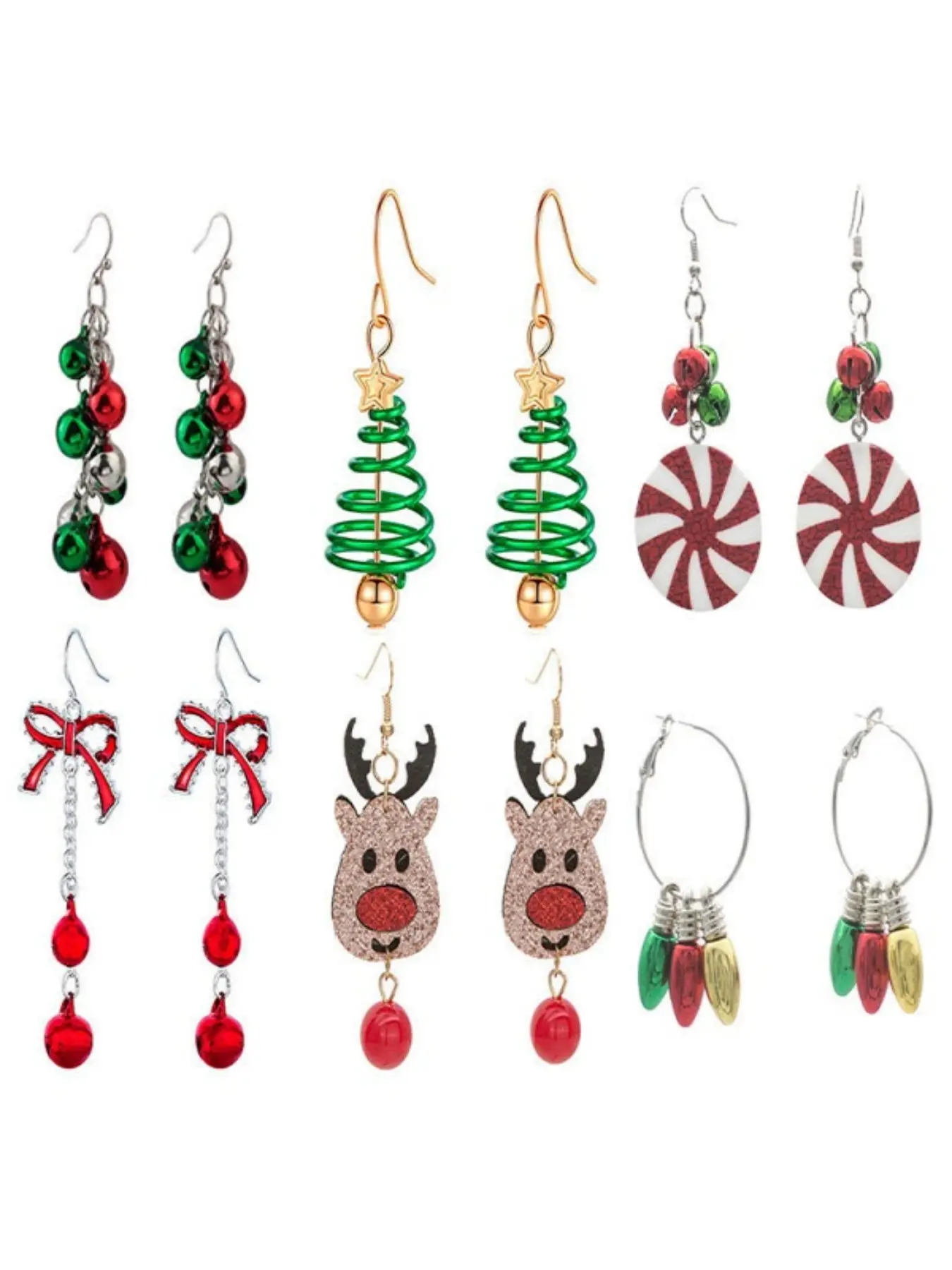 6 Pairs Women's Christmas Earrings, Holiday Bell Butterfly Tree Snowflake Star Drop Earrings, Party Jewelry, Festival Decorations