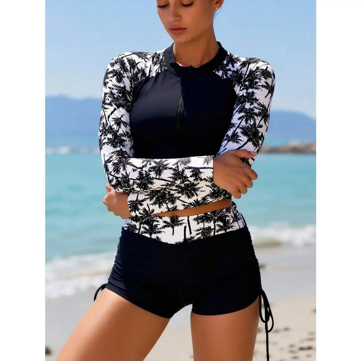 Women's 2-Piece Rash Guard Set 2026 New, Black & White Palm Tree Print, Long Sleeve Half-Zip Zippered Adjustable Top, Tie-Side Shorts, Knit Fabric Workout Women's Rashguard, Two-Pieces, Adjustable Top Women's Rashguard