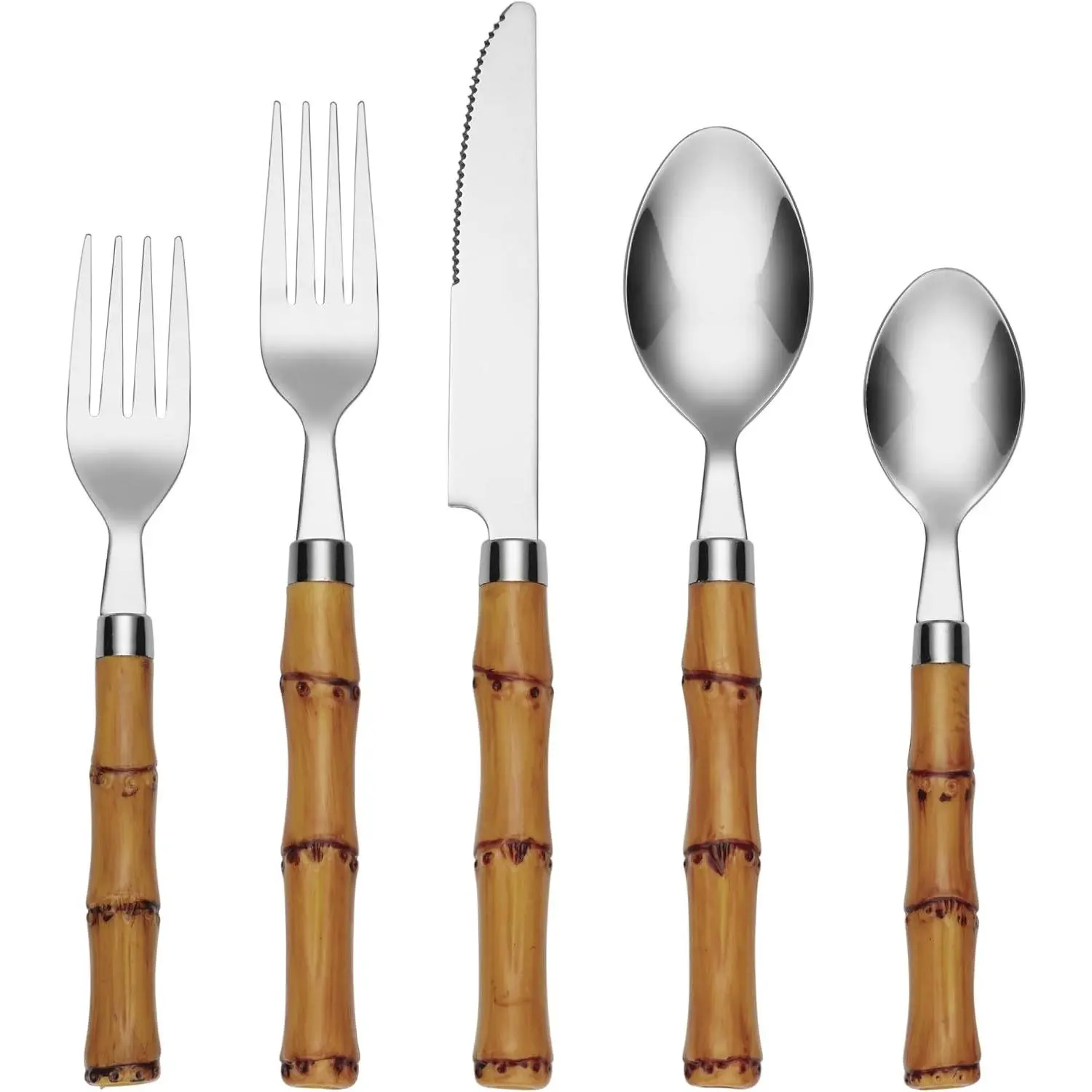 Cambridge Silverware Set, Plastic Bamboo-Shaped Handle 20-Piece Flatware Set, 18/0 Stainless Steel, Service For 4, Dishwasher Safe, Knife Spoons and Forks sets, Plastic Handles (Silver, 20 Piece)