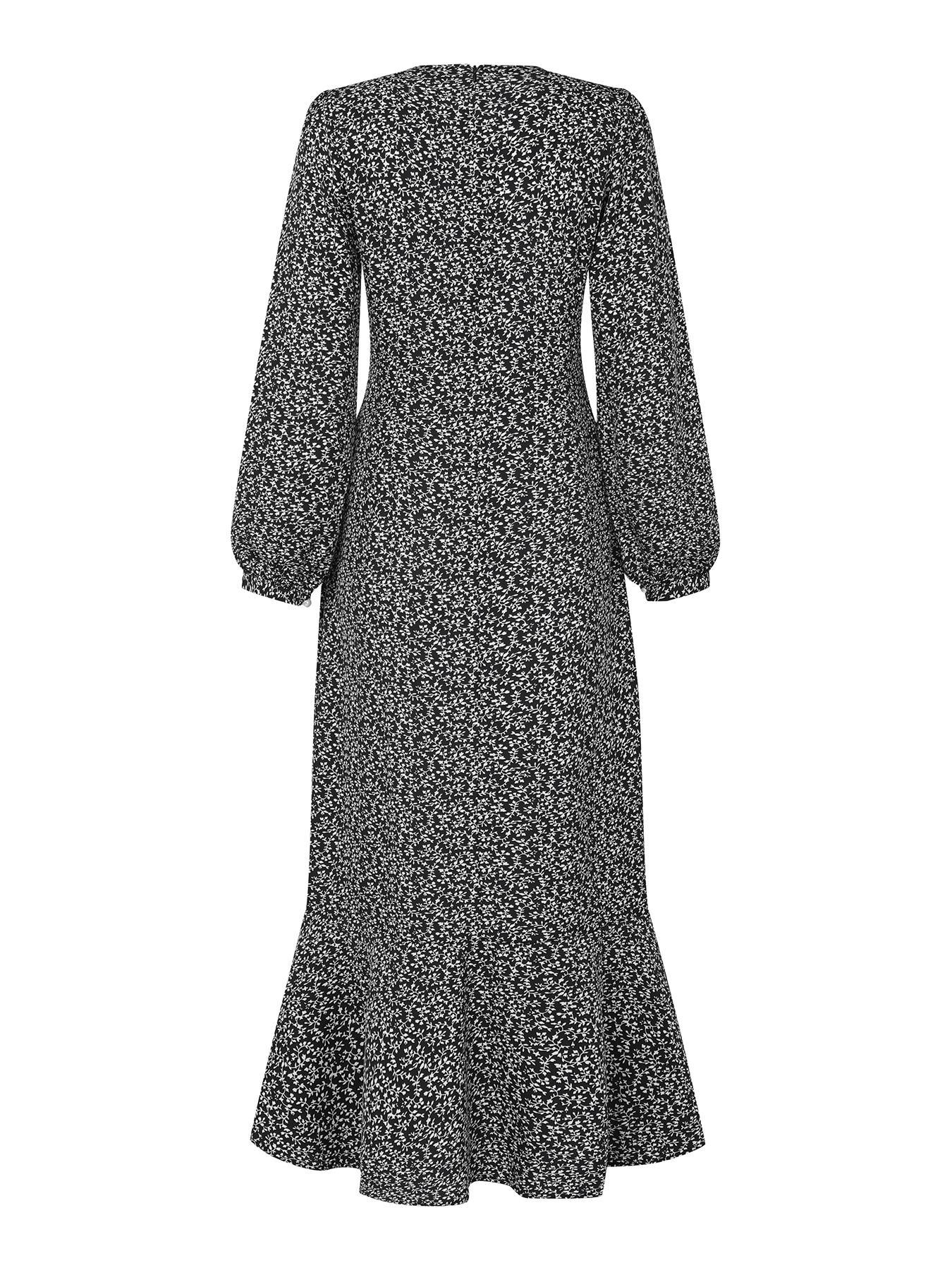 Women's Ditsy Floral Print Button Front Bishop Sleeve Ruffle Hem Flowy Long Dress, Casual Islamic Modest Style Clothing Modesty Wear Muslim Dress for Daily Wear Long Sleeve Dresses