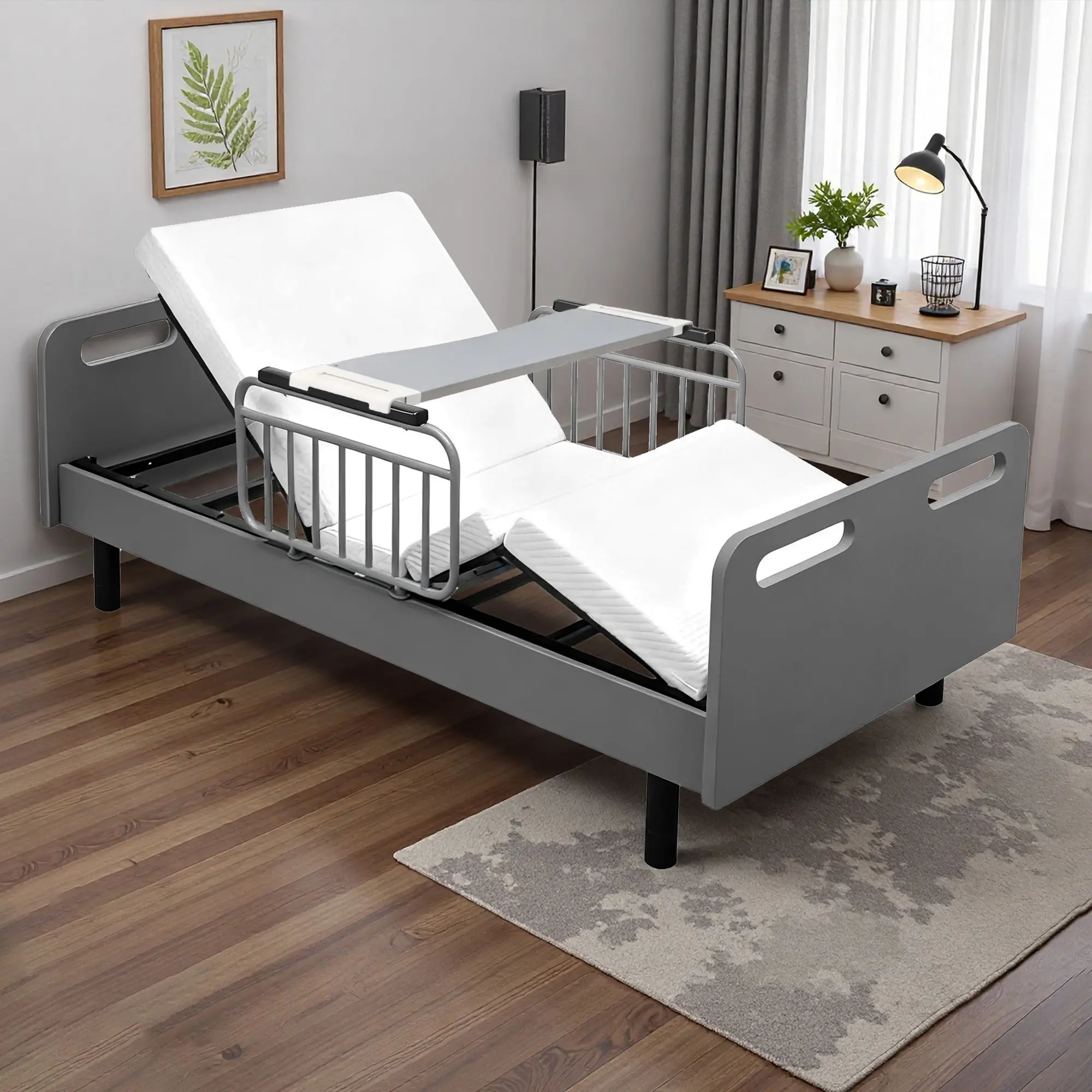 ARCH Electric Adjustable Hospital Bed for Home Use with Memory Foam Mattress, Safety Side Rails, Detachable Overbed Table, Wired Remote Control, Quiet OKIN Motor, Carbon Steel Frame, MDF Panels, Gray/White Color Options, Elderly Care
