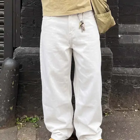 Men's summer refreshing pure white plain denim long pants, straight-leg loose fit, clean simple versatile style, loose comfortable suitable for summer, Loose casual menswear