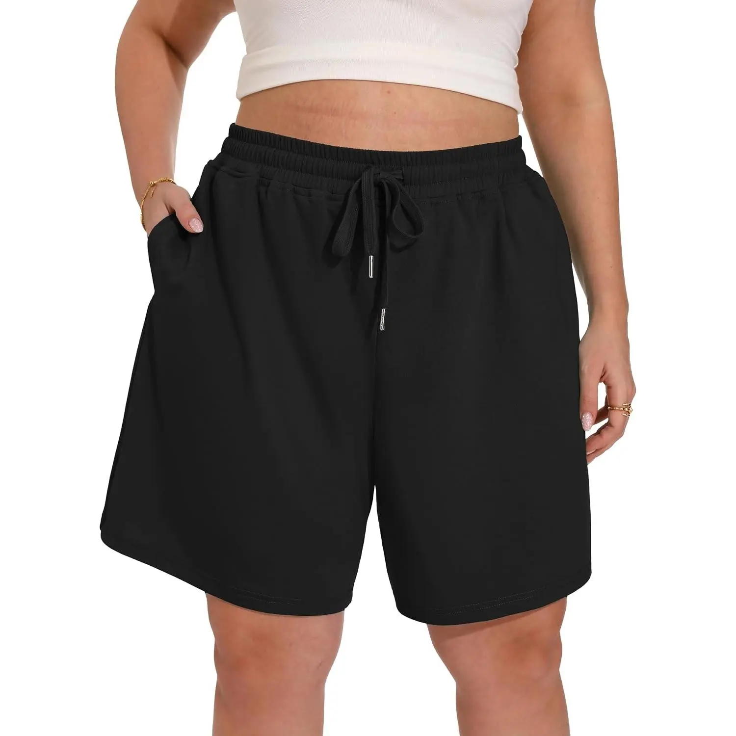 Women's Plus Size 8" High Waisted Bermuda Sweat Shorts - Summer Athletic Walking Shorts with Pockets(Gift)