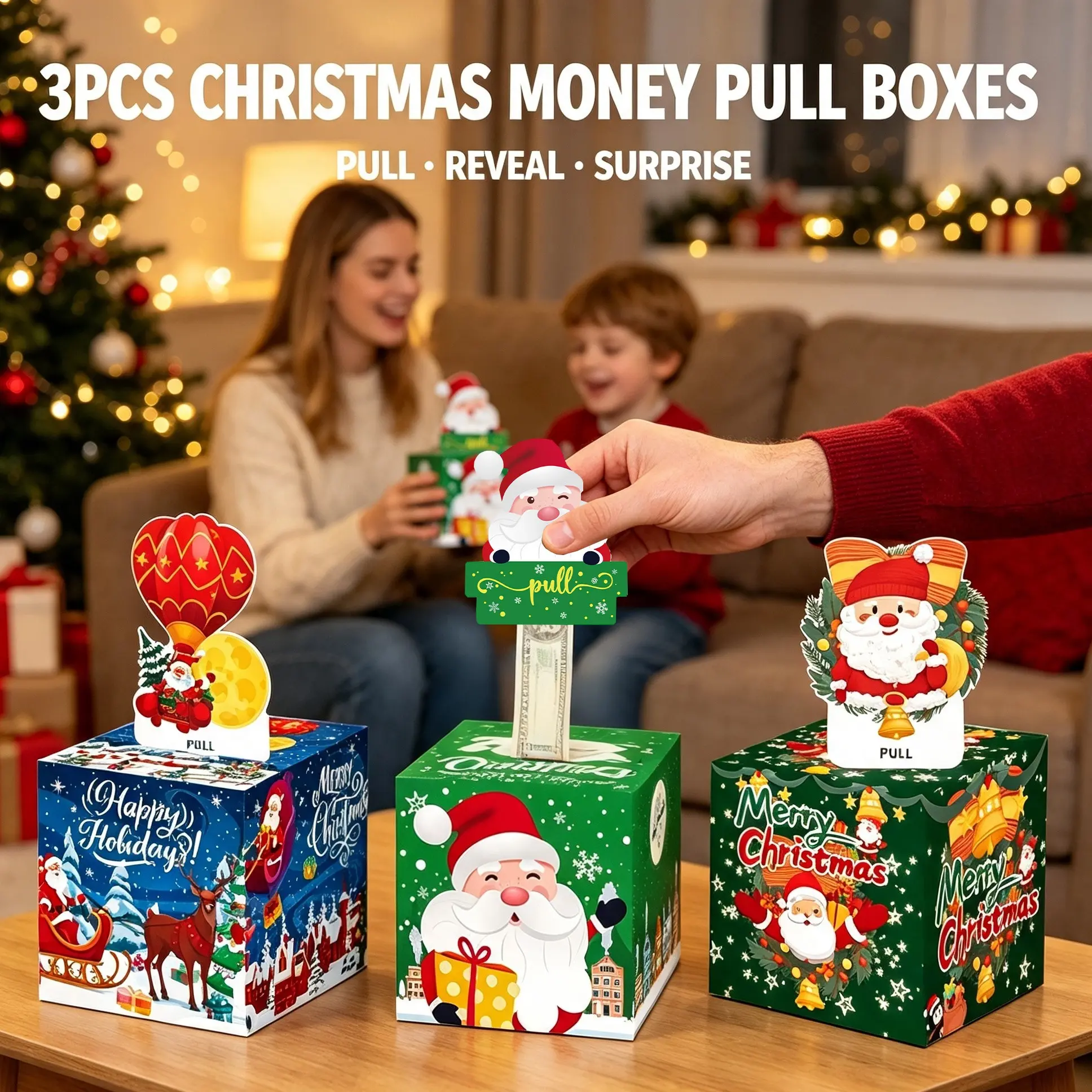 3pcs Christmas Money Pull Gift Boxes, Festive Surprise, Pull-Out Cash Gift for Kids & Adults, Holiday Parties, Perfect for Celebrations