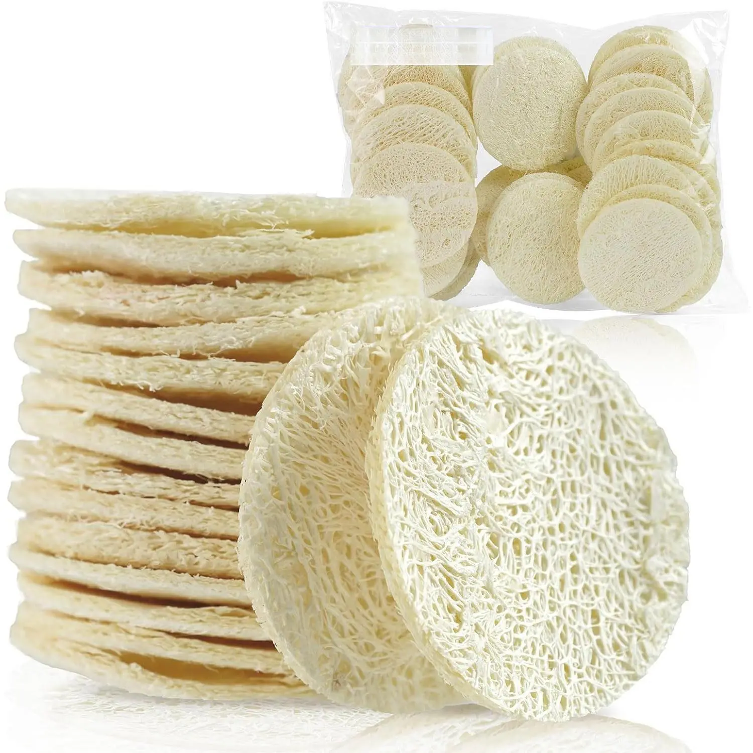 ASD 36-Piece Pure Natural Loofah Cleanser Sponges Multi-Pack - Smoothing, Exfoliating Facial & Body Scrub Pads, Makeup Remover, Foam-Boosting Women's Home Care Bath Tools (Bulk)