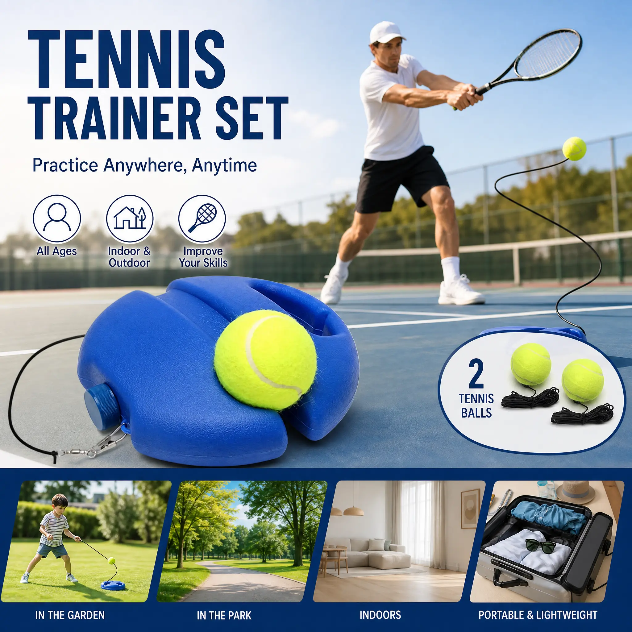 Tennis-Trainer Set 2pcs Tennis Bouncing Balls Tennis Ball |    Portable Innovative Ball Game for Outdoors, in The Garden, in The Park for Children & Adults
