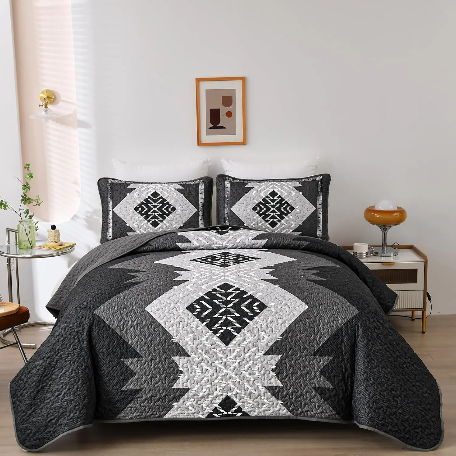 Boho Queen Set 3 Pieces Black Grey Aztec Texture Bedspread Coverlet Set Bohemian Bedding Set Microfiber Lightweight Bed Cover for All 90"*96"