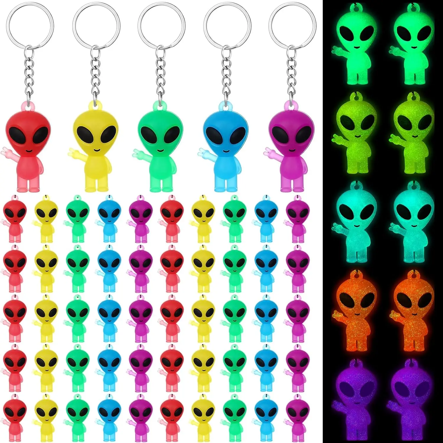 50 Pack Glow in The Dark Alien Keychains, Mini Alien Party Favors with Colorful Figures, Space Theme Goodie Bag Stuffers, Halloween Prizes, Birthday Party Gifts for Kids