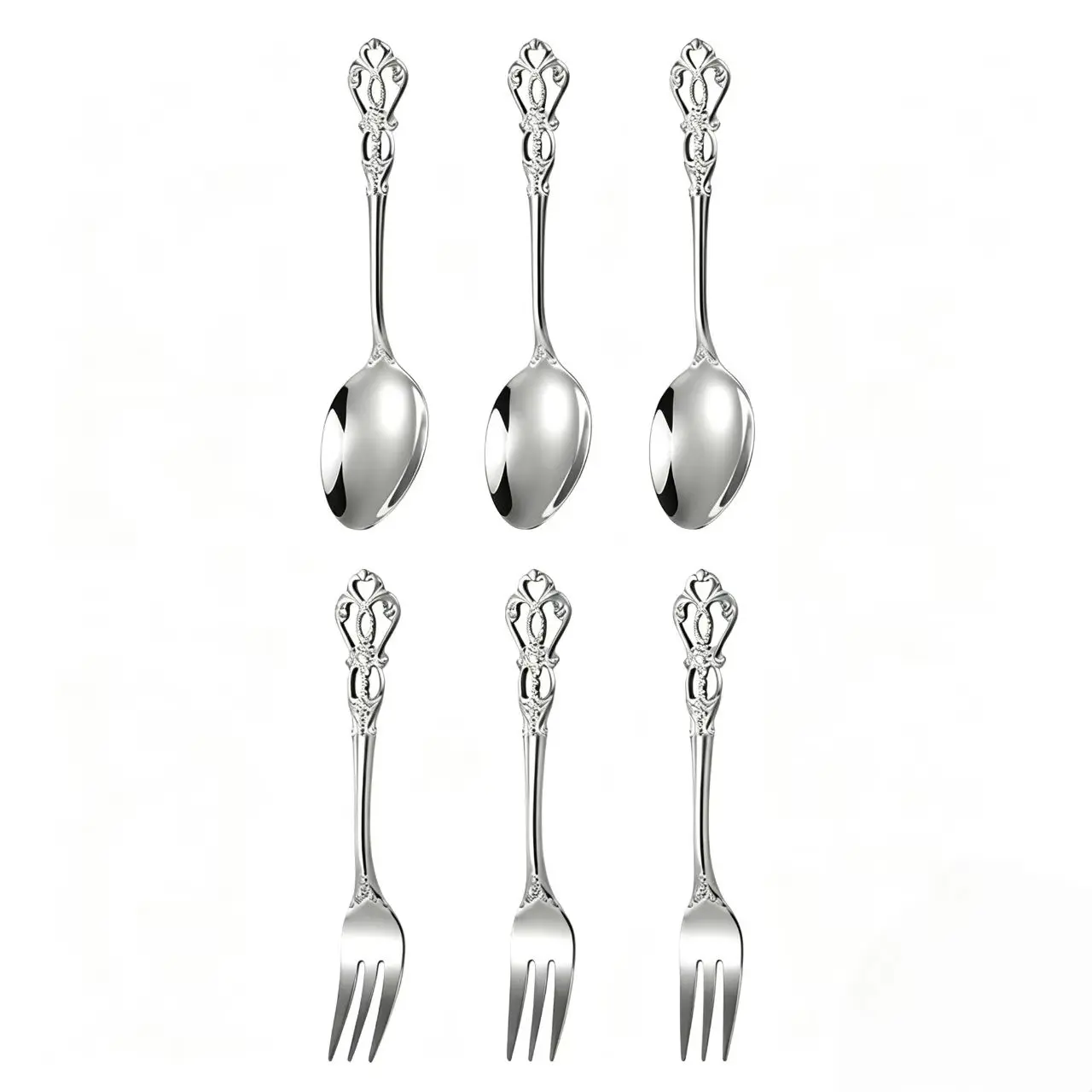European Courtly Relief Hollow Handle 6-Piece Set, Stainless Steel Dessert Spoon Fruit Fork, Luxury Silver Color Coffee Stirrer Gift Box Cutlery
