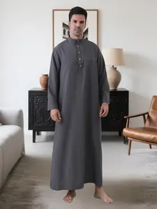 Men's Middle Eastern Robe, Soft and Smooth, Simple Solid Color, Stand Collar Button Design, Loose Fit, with Pockets, Ideal for Daily Wear, Prayer, Ramadan, Eid