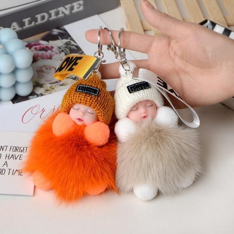 2-Pack Cute Fluffy Plush Sleepy Doll Keychain for Women, Kawaii Bag & Car Key Ring Pendant, Soft Lightweight Adorable Gift for Girls