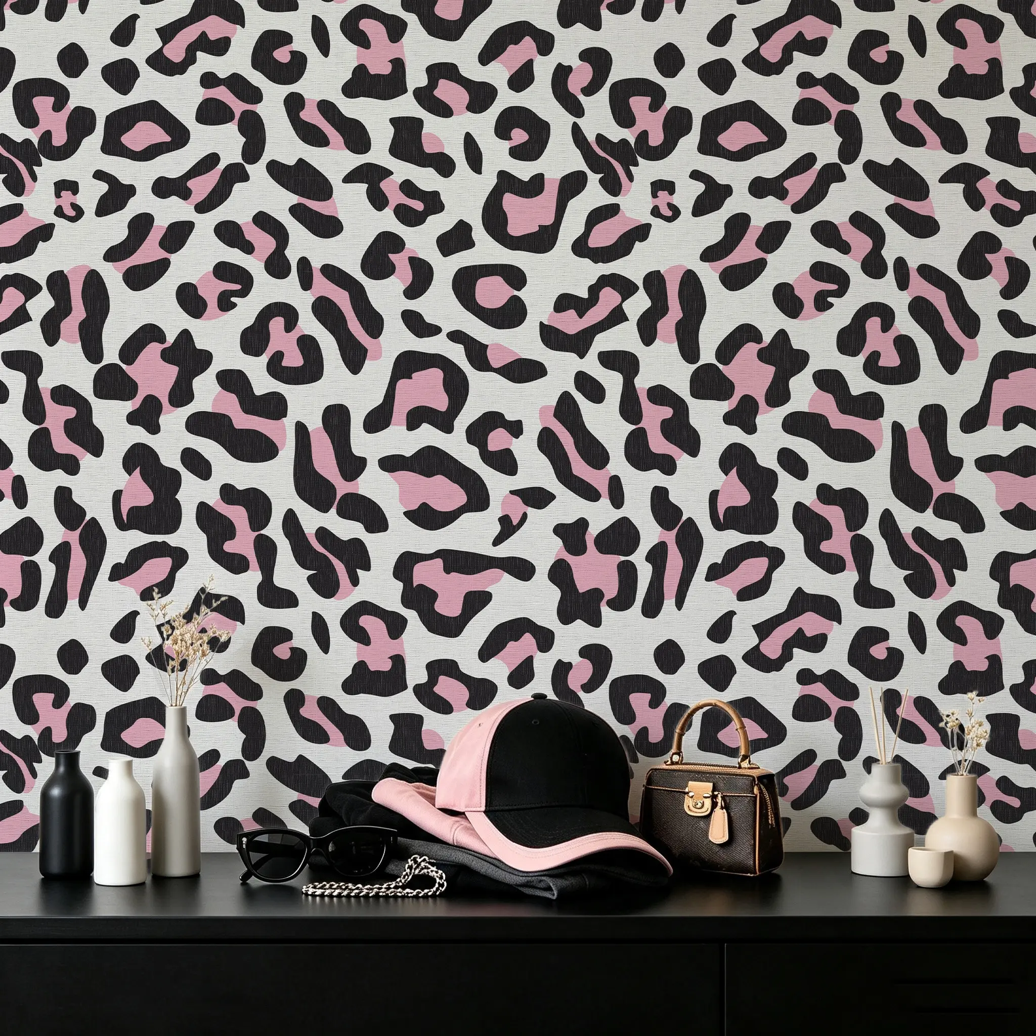 1 Roll 44.5cm/17.5in Wide Pink Black Leopard Print Peel and Stick Wallpaper, Linen Textured Waterproof Self-Adhesive Contact Paper, Seamless Splicing Solid White Backing Decor for Bedroom, Living Room, Closet & Furniture Makeover