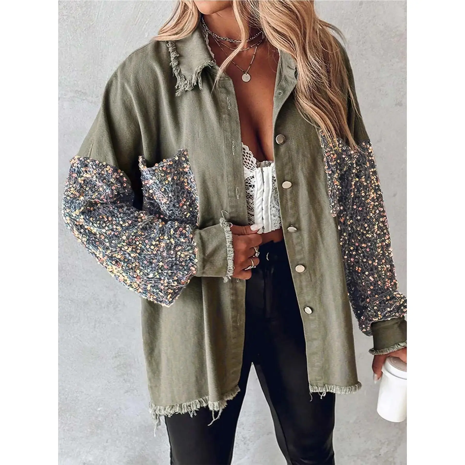 Women's Light Denim Patchwork Colorful Sequins Long Sleeve Lantern Sleeve Collared Button Shirt Jacket Coats, Fashionable Jacket, Lady Womenswear, Lightweight Casual Cool Style, Perfect for Daily Wear, Parties