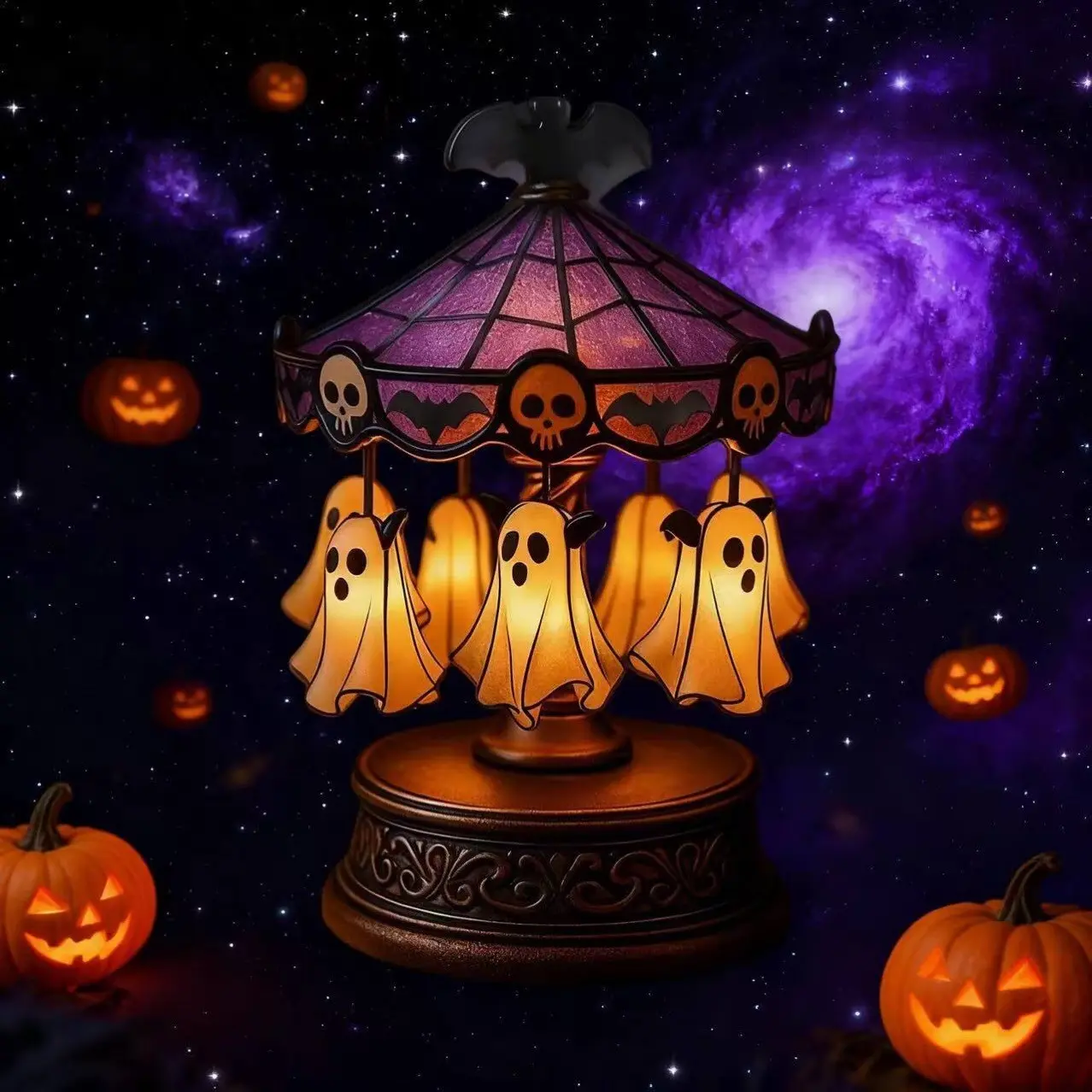 Halloween Limited Edition Spooky Ghost Rotating Lamp, Vintage Colored Glass LED Night Light, Gothic Home Decor, Party Bedroom Decoration