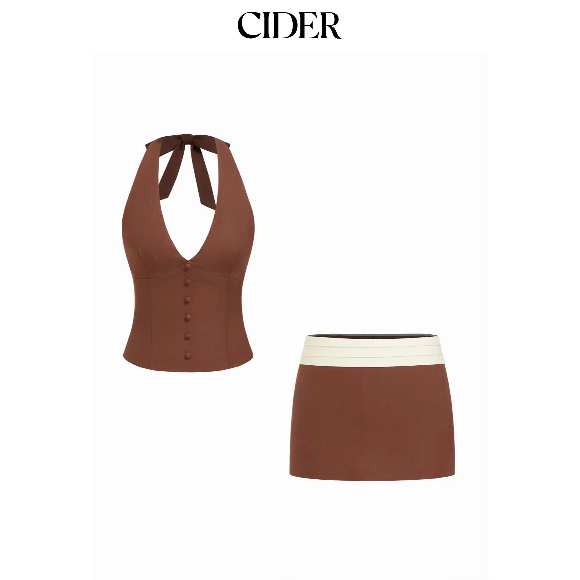 Cider Linen-blend Halter Neck Button Front Top & Mid Rise Colorblock A-line Mini Skirt Set