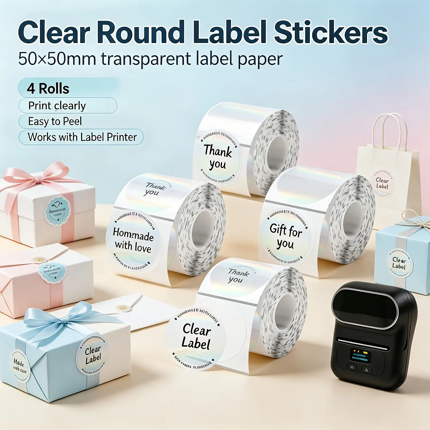4 Rolls of Transparent 50x50mm Round Label Stickers – Clear Self-Adhesive Thermal Labels, Easy-to-Peel, Suitable for Mini Portable Label Printers, Gift Wrapping, Thank-You Cards, and DIY Projects