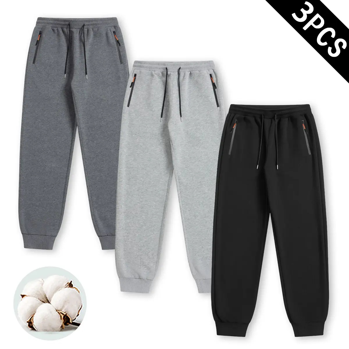 Three piece men's leg binding sweatpants, featuring zippered side pockets, drawstring elastic waistband, ribbed cuffs, and daily casual sports pants.