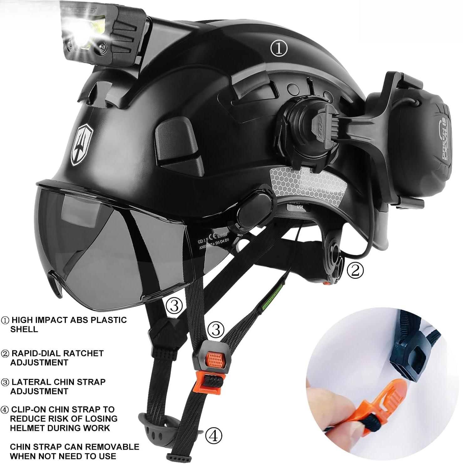 5 in 1 Vented Hard Hat with Visor Bluetooth Ear Muffs and Headlamp Work Hardhat Cascos De Construccion for Industrial Construction Forestry