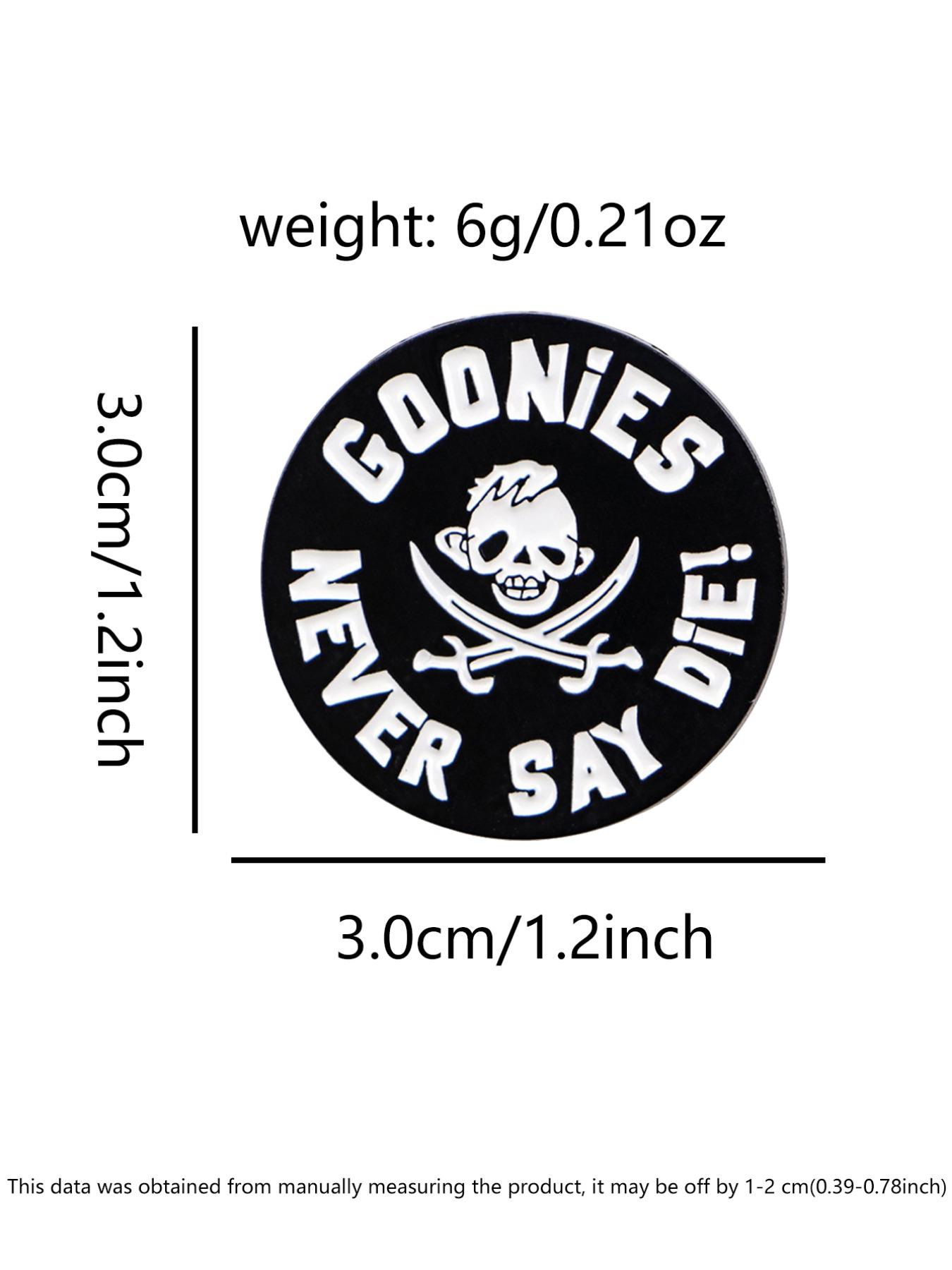 Goonies Never Say Die! Pirate Theme Flag Badge, Vintage Skull Dual Sword Design, Ultimate Collectible for 80s Fans, Engraved Slogan, Nostalgia